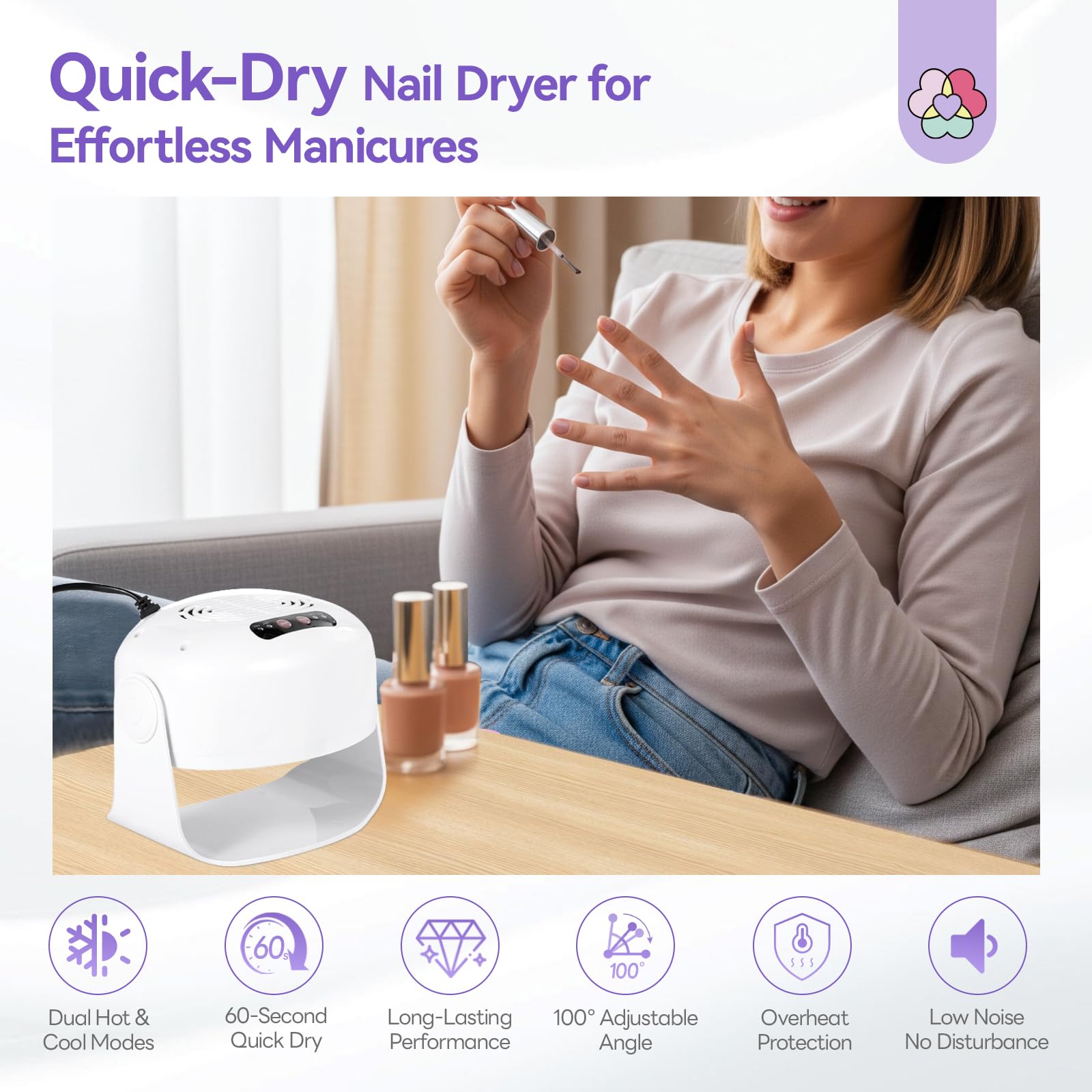 SAVILAND Essentials 600W Fast Nail Dryer: 6X Fast Drying Nail Polish Dryer for Regular Polish Nail Fan With Adjustable Angle Fingernail Dual Heating & Cooling Modes Dry Nail Dehydrator for Salon White - Image 2