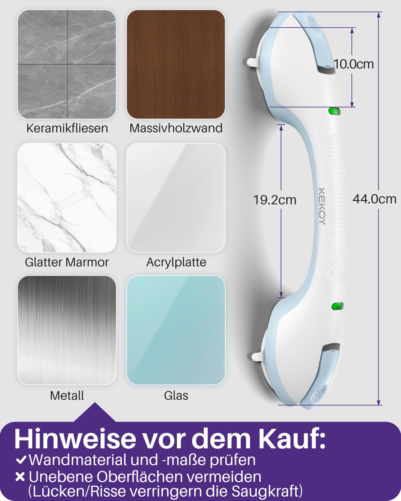 KEKOY Haltegriff mit Saugnapf & Indikator, Haltegriff Dusche ohne Bohren | 44 cm Haltegriffe für Senioren, Max Halt Duschgriff mit Saugnapf für Badezimmer & Badewannen, entfernbar, 2er Hellblau
