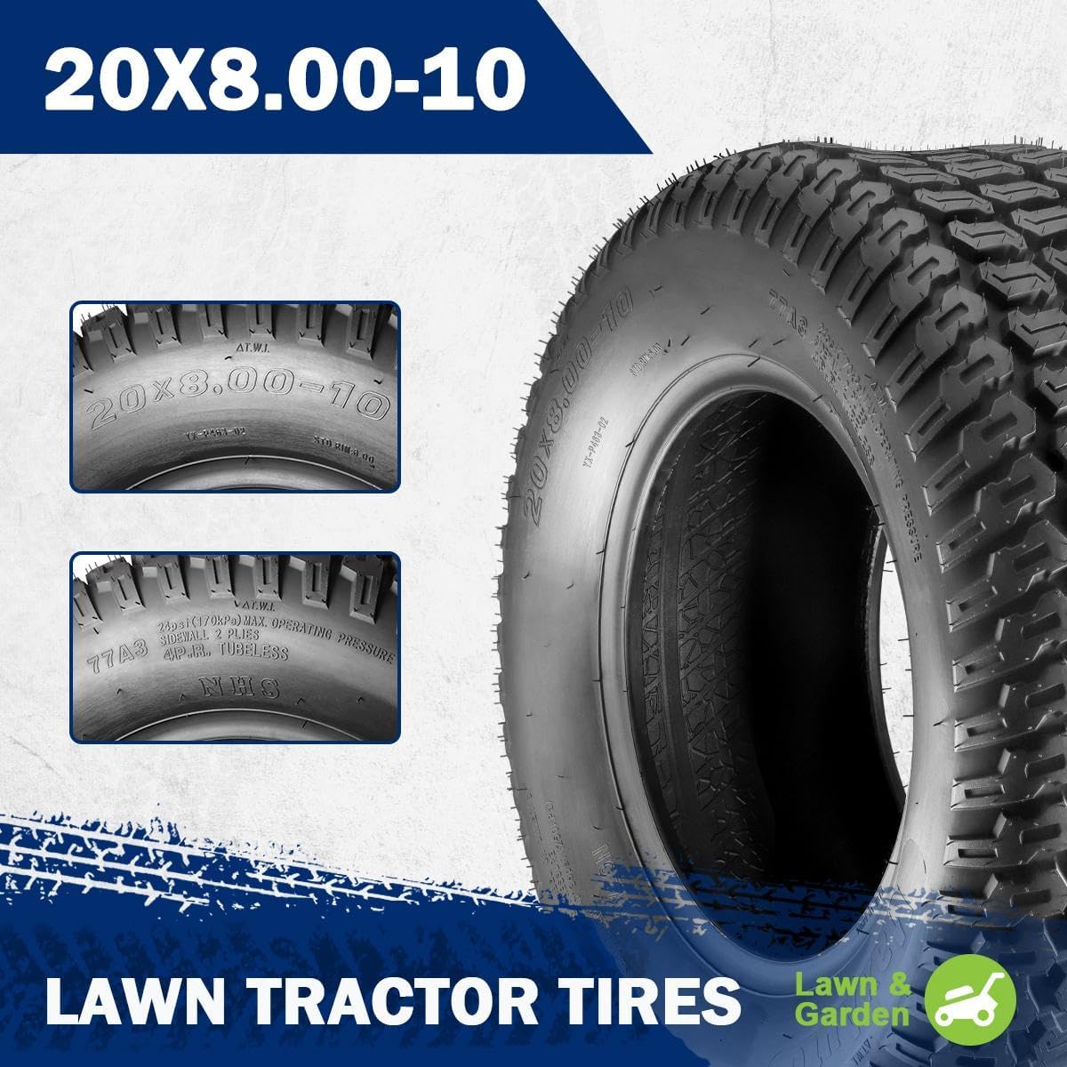 MaxAuto Fox V2 20x8.00-10 Tubeless Lawn & Garden Tractor Tire Set of 2, 4PR Turf Tread Replacement for Riding Mowers, NHS