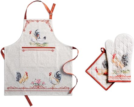 Maison d Hermine Campagne Bundle Set 100% Cotton Apron 27.50 Inch by 31.50 Inch and Oven Mitt 7.5 Inch by 13 Inch/Pot Holder 8 Inch by 8 Inch