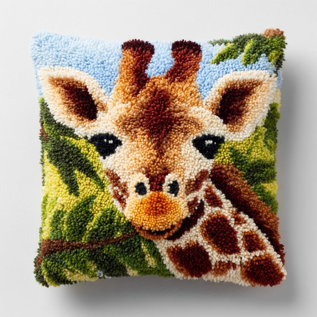 AMBATTERY Latch Hook Pillow Case Kits Animal Giraffe Embroidery Kit DIY Latch Hook Cushion Kits, 43x43cm