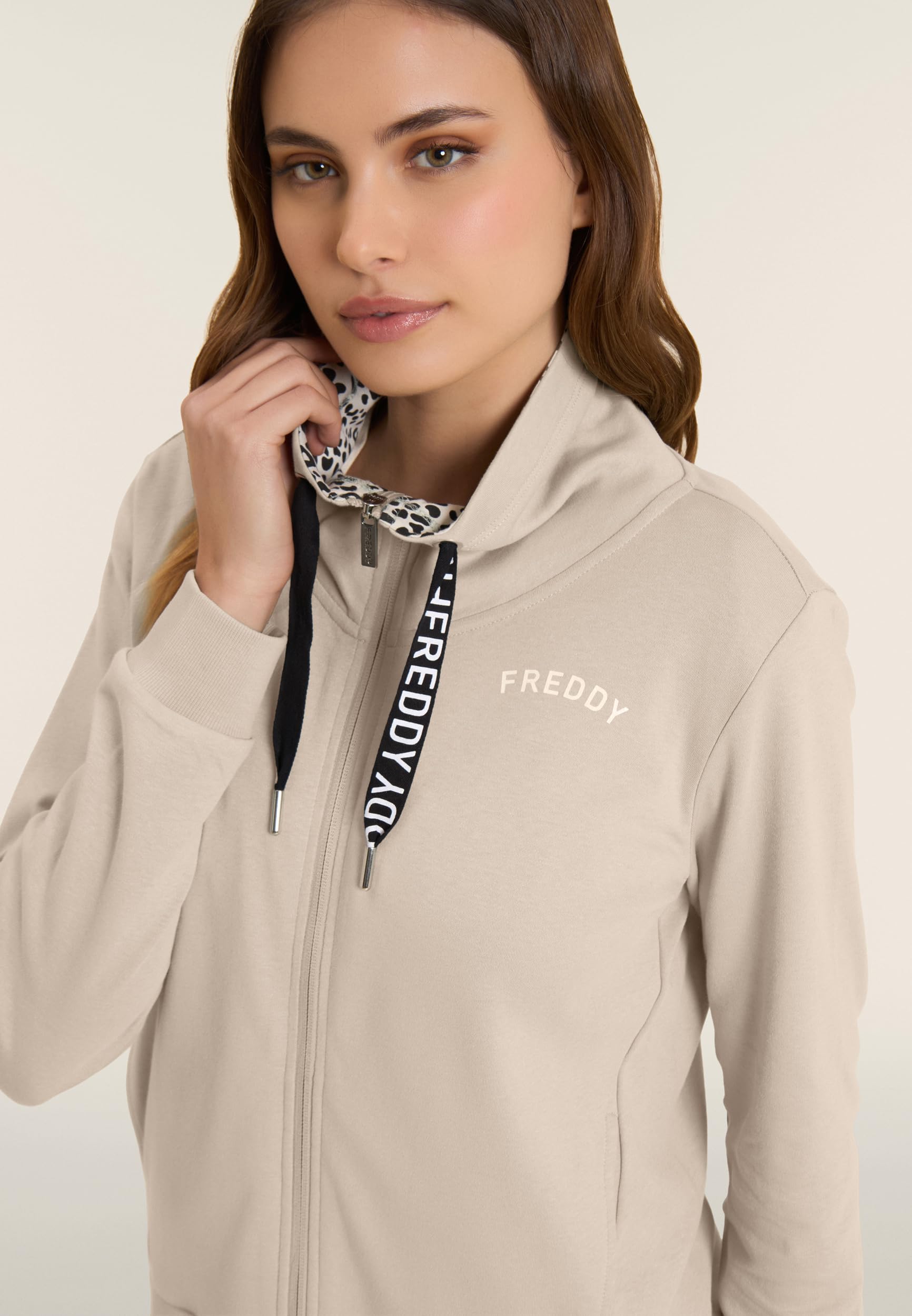 FREDDY - Tuta Donna Completa in Cotone Interlock con Felpa con Zip e Collo Alto Foderato Animalier, Pantaloni con Coulisse - Tute Sportive