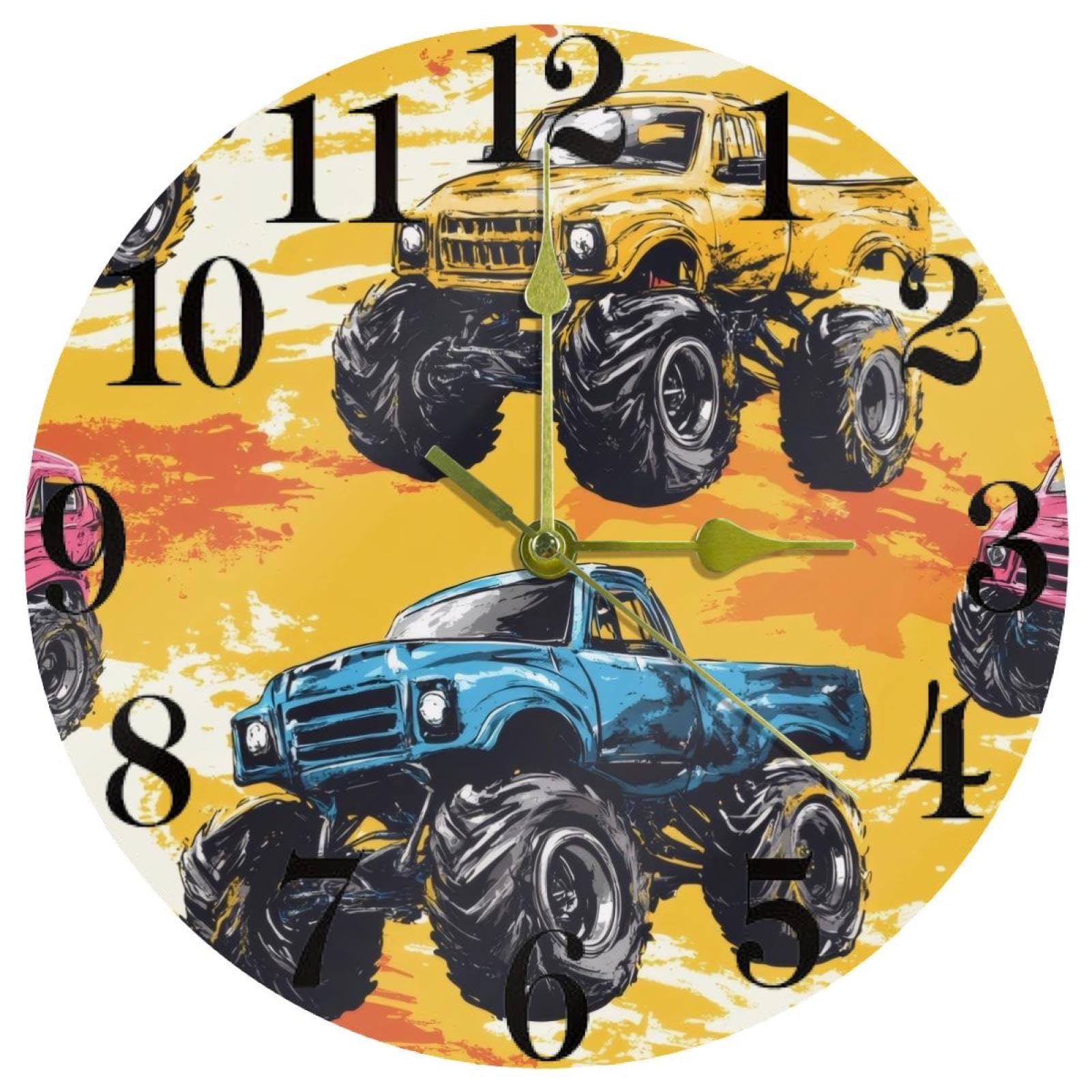 Horloge murale Monster Trucks jaune et bleue à quartz silencieuse pour chambre d'enfant