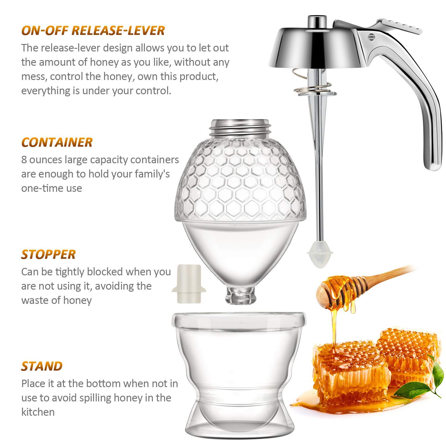 TRUENIX™ Acrylic Honey Maple Syrup Juice Dispenser 200ml with Stand Honey Container Jar Pot No Drip Honey Cup Storage Dispenser High Capacity Cans Kitchen Tools Bee Hive Trigger Comb Shaped Bottle 3