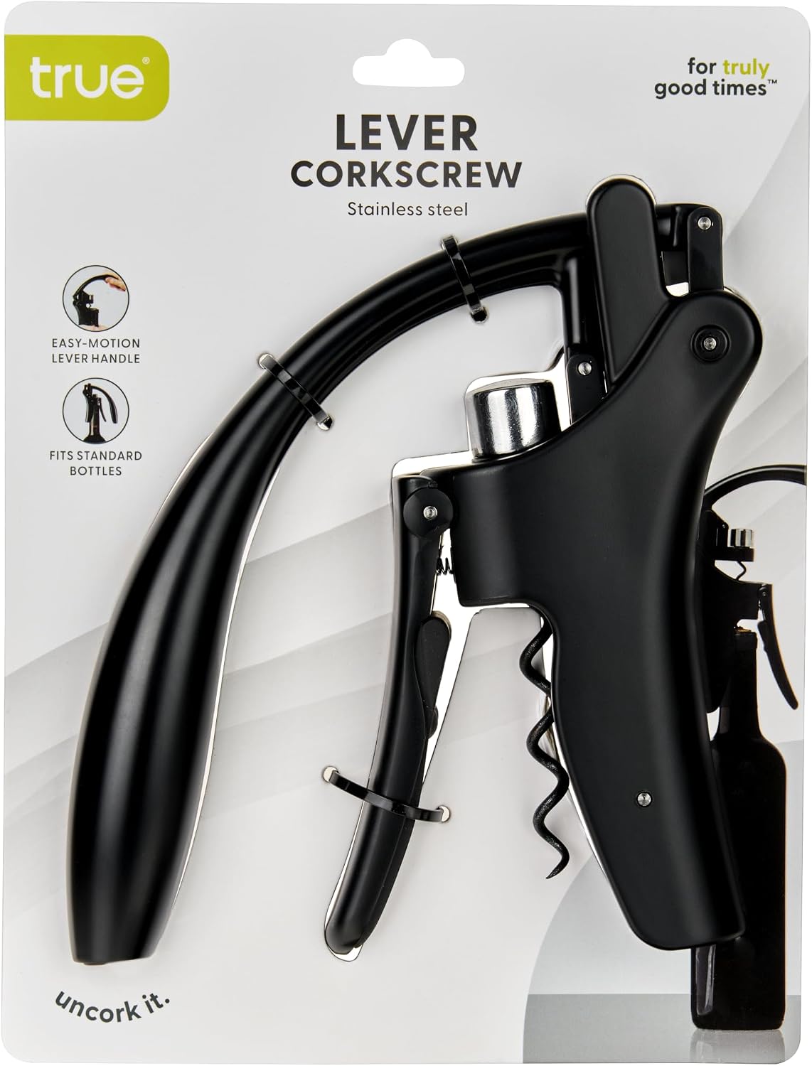 True Vertical Corkscrew Wine Opener with Easy Motion Lever Handle, Durable Stainless Steel and Plastic, Perfect for Home Bar, Kitchen, Outdoor Party, Housewarming Gifts, Set of 1, Black image 5