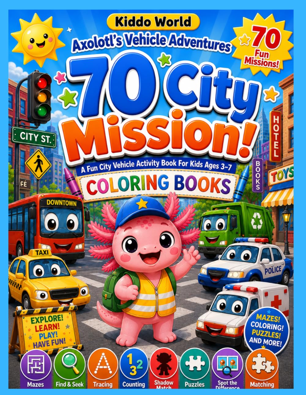 City Mission! Axolotl's Vehicle Adventures: A Fun Vehicle Activity & Coloring Book for Kids Ages 3–7: 70 Fun Missions Including Mazes, Coloring Pages, ... Match, Spot the Difference, and Puzzles