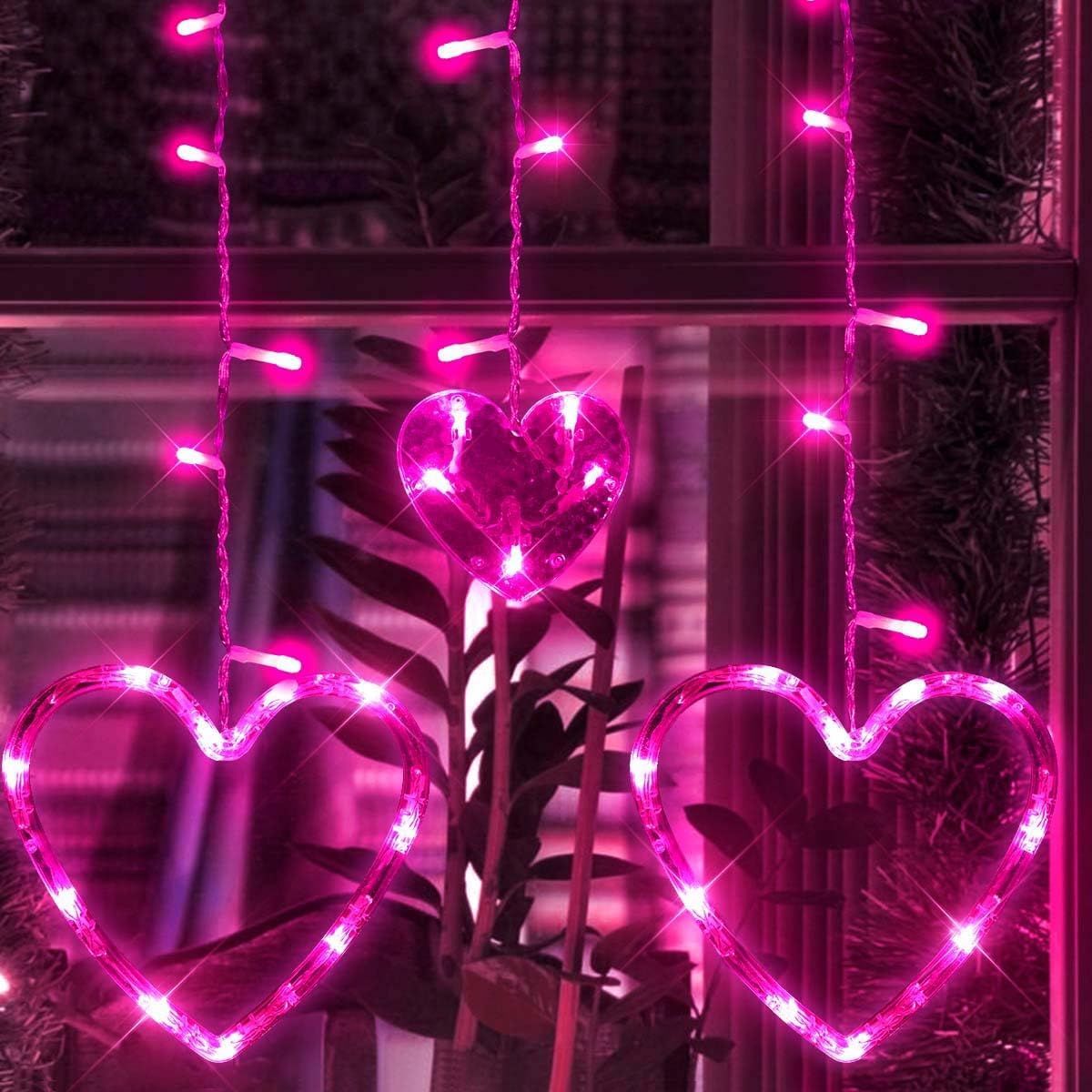 Valentine's Day Decoration, 138 LED Connectable Heart Curtain Lights with 8 Twinkle Modes, Plug in Pink Heart-Shaped Icicle Lights for Indoor Outdoor Garden Party Wedding Valentines Day Decor