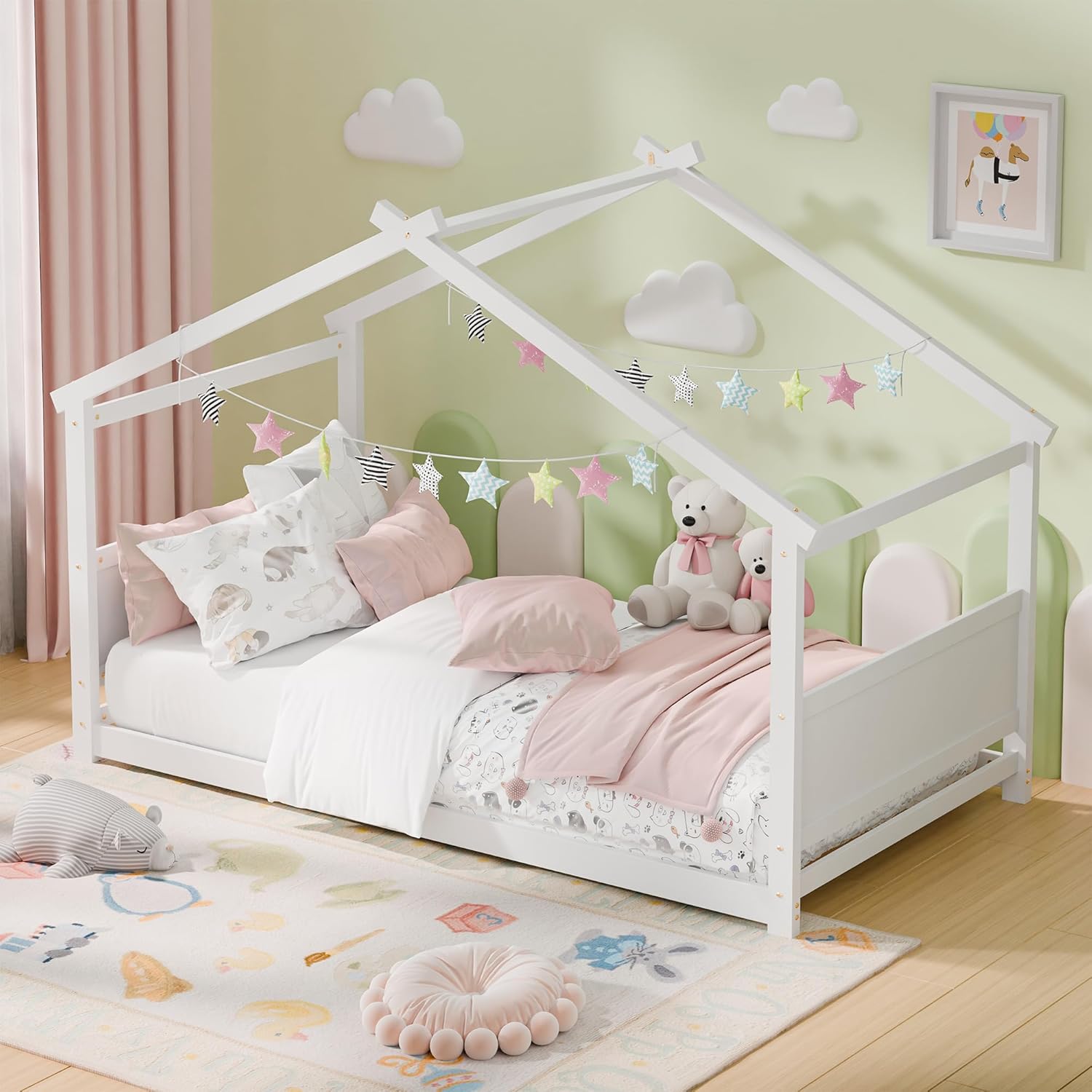 Twin House Bed, Montessori Floor Bed with Headboard & Footboard, Solid Wood Bed Frame for Toddlers Teens Bedroom (White, House Bed)