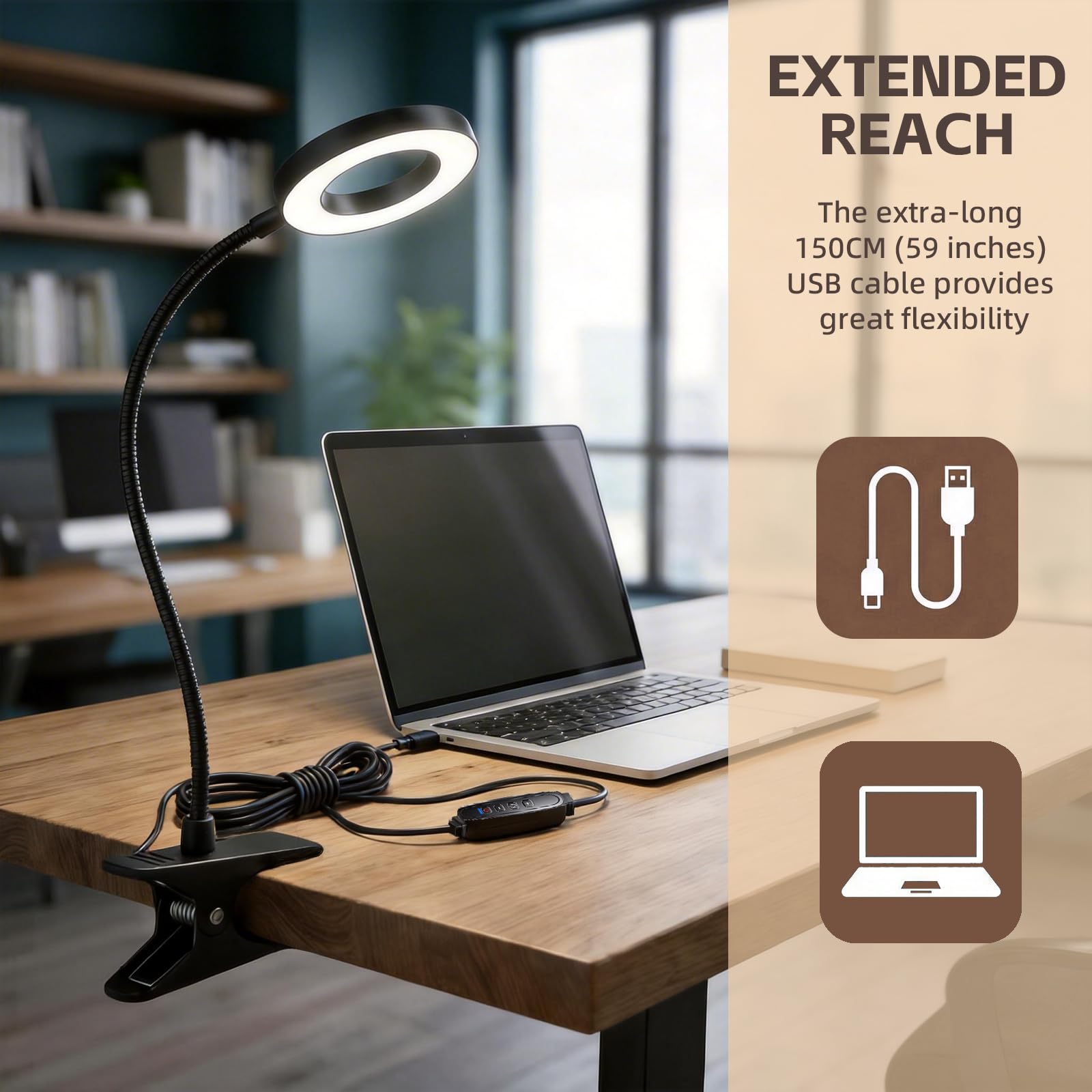 Luz USB con clip para cabecero de cama, lámpara de lectura flexible con cabezal de refrigeración de aluminio, 30 modos de iluminación, lámpara de escritorio para dormitorio, hogar, oficina