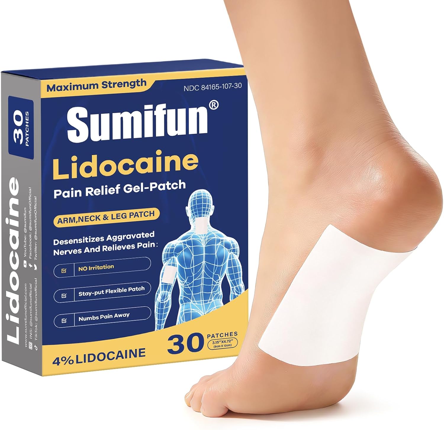 Sumifun Medium Size Lidocaine Patches - Plantar Fasciitis Relief, Foot & Neck & Arm & Small Pain Areas - Maximum OTC Strength - Stays in Place (Small, Count, 30)