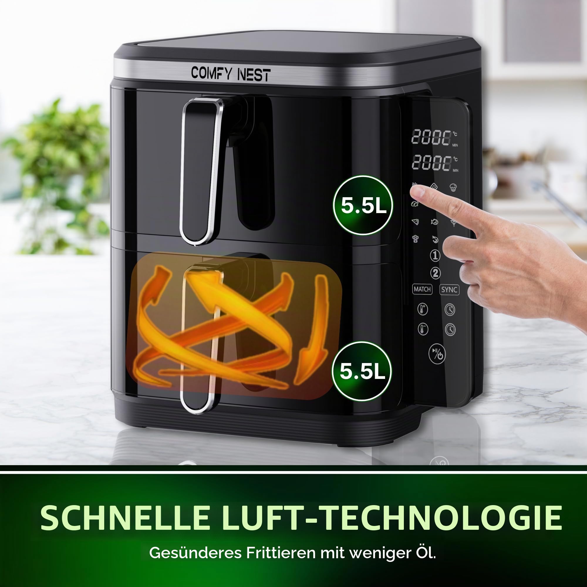 Comfy Nest, 11-Liter-Doppelkorb-Luftfritteuse, Heißluftfritteuse, gleichzeitiges Kochen, digitaler Touchscreen, Rapid Air-Technologie, erhöhte Sicherheit, leicht zu reinigen – 5,5 l, Schwarz