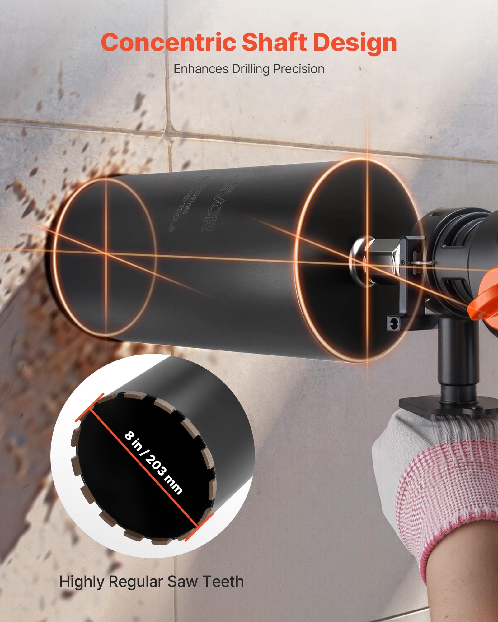 VEVOR Broca de Diamante para Perforación en Húmedo, 203 mm de Diámetro, 356 mm Profundidad de Perforación, Tecnología de Soldadura de Alta Precisión, para Hormigón Armado, Ladrillo y Mampostería