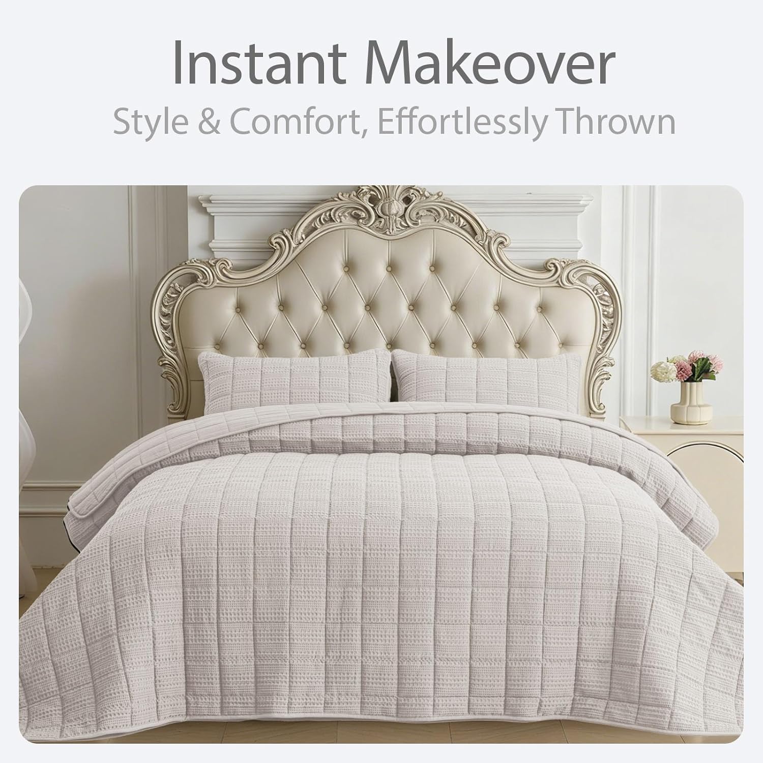 98x106 Cotton Quilt Bedding Set King Size Quilted Bedspread Sets with 2 Shams,3 Pieces Lightweight Soft Bedding Sets for All Season,White