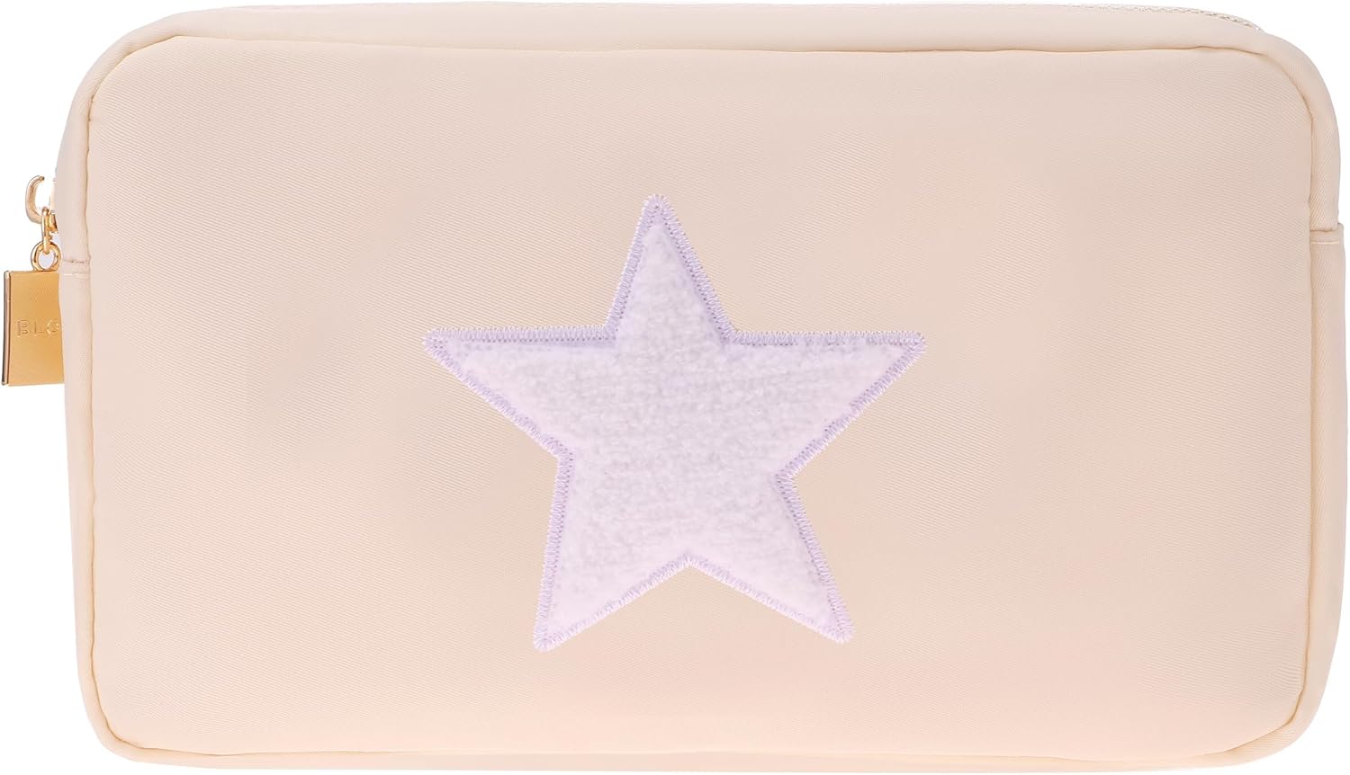 BLOC Bags Travel Makeup Bag, Cosmetic Bags for Women, Medium Cute Toiletry Bag, Make up Bag, Beauty Bag with Chenille Patch and Top Zipper, Inside Zipper Pouch and Mesh Pockets (White Star, Cream)