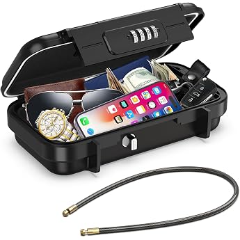 Brifit Portable Safe Mini Safe with Number Code 4 Digits Waterproof Beach Safe with Removable Wire Rope Safety Box for Secures Valuables when Travel Camping on the Beach - Black