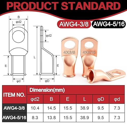 Miniatura 7 de Tapones de cobre para batería, calibre AWG4, calibre 516, 38, terminales de anillo de alambre, conectores de terminales de engarzado, 20 unidades,