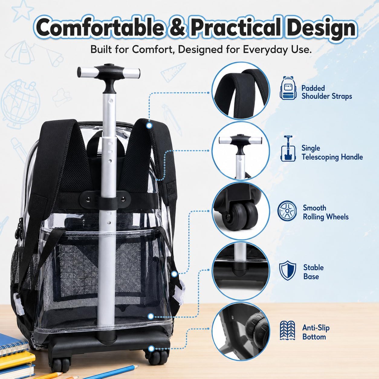 gxtvo 3PCS Clear School Rolling Backpack Heavy-Duty Set for Women & Teen Girls, 20" See Through Wheeled Bookbag with Large Front Pocket, Black Sequin Roller Transparent Bag image 5