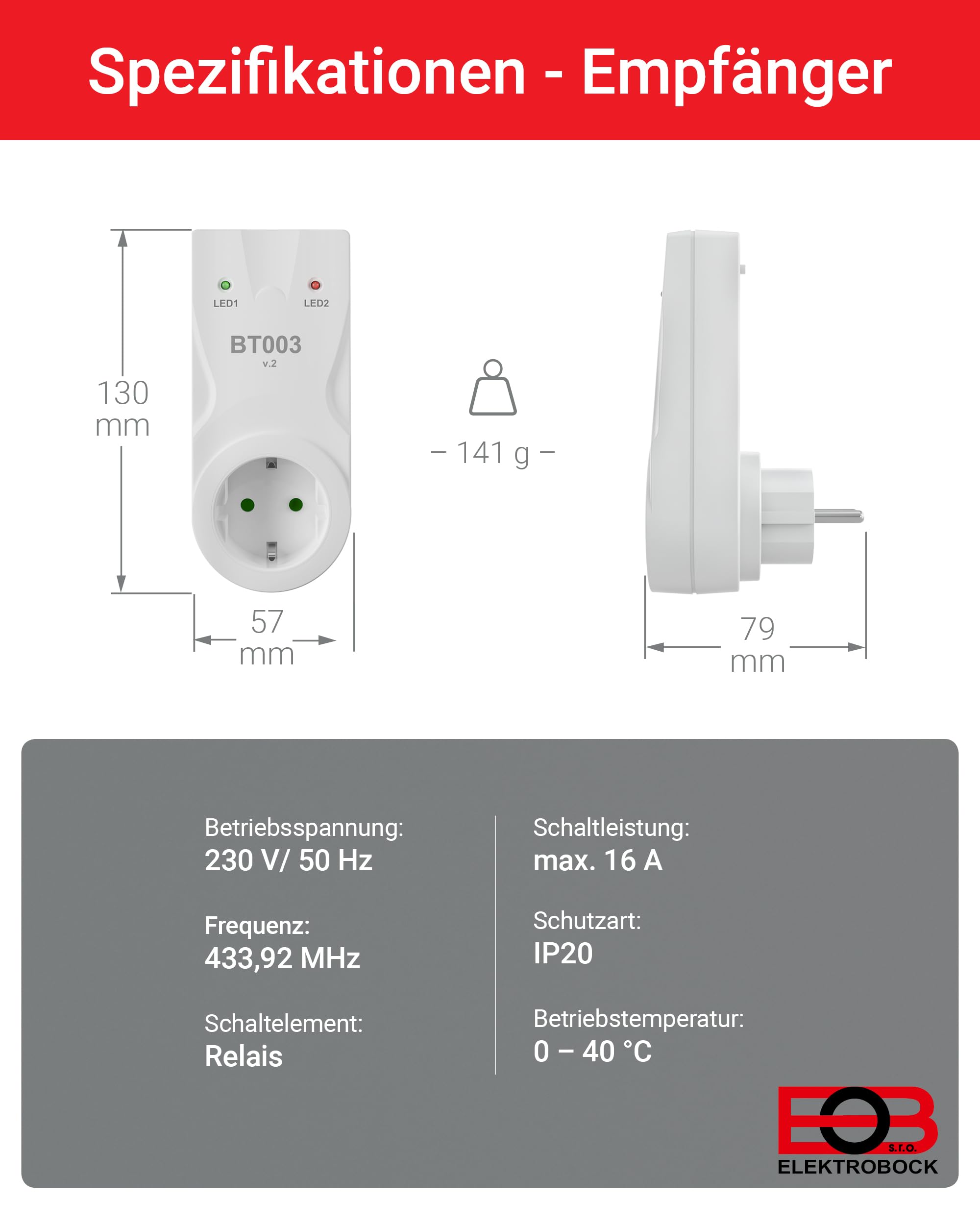 ELEKTROBOCK BT733 Funk-Raumthermostat mit Zwischensteckdose - 35 m Reichweite - Für elektrische Heizung und Infrarotheizung - Wochenprogramme - Frostschutz, Weiß