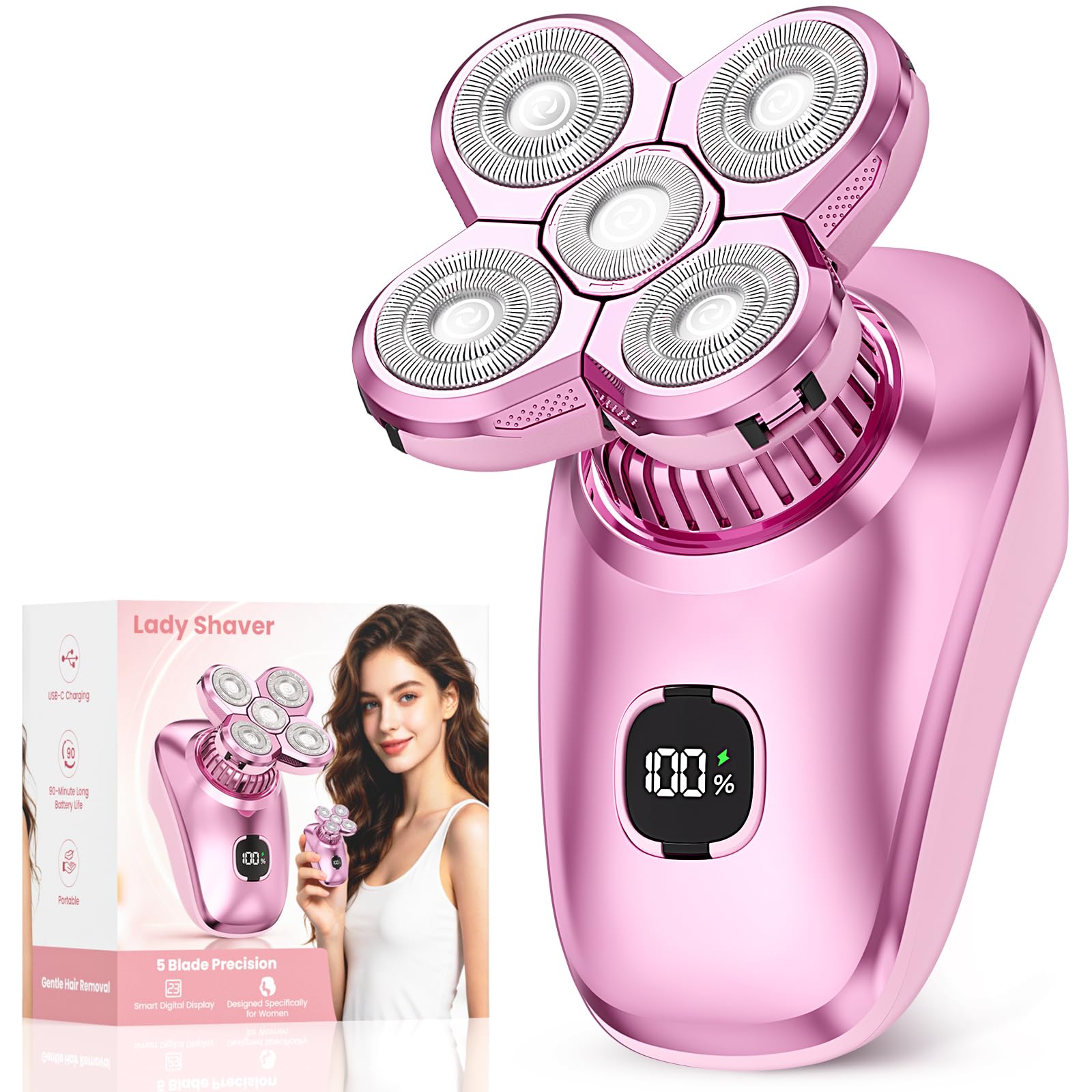 Electric Razors for Women Legs, Wet Dry Electric Rotary Shaver Pink