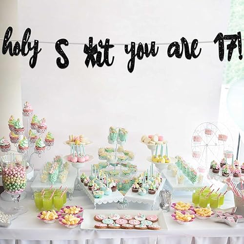 Miniatura 6 de Holy S*ht You are 17! - Telón de fondo con purpurina negra Hello 17 Cheers to 17 años de edad, decoraciones temáticas para niños y niñas, fiesta de