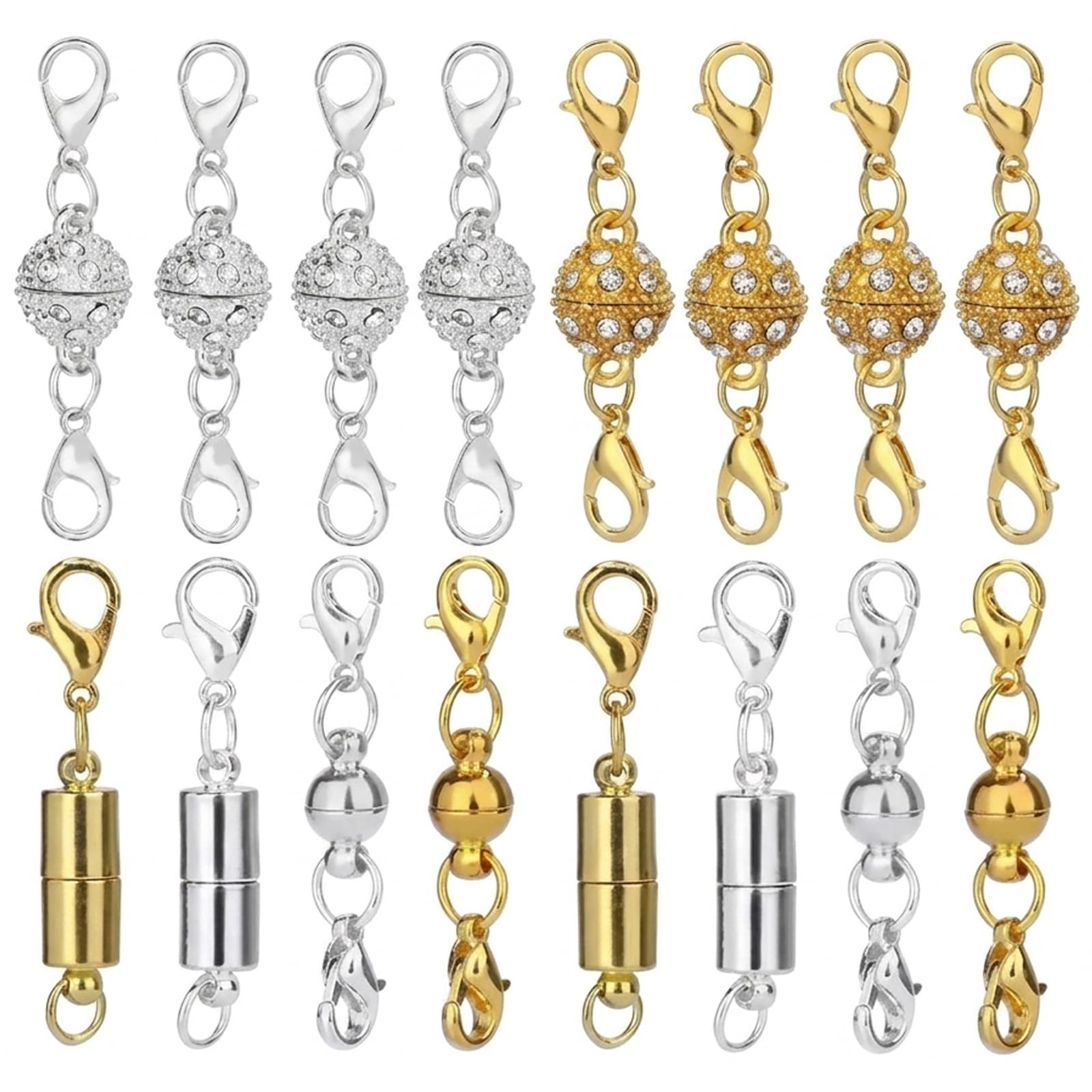 Magnetic Necklace Clasps, 16-Piece Necklace Clasp Jewellery Fastener Set with Diamond Gold and Silver Designs, Secure Magnetic Closure System for Necklaces and Jewellery Making