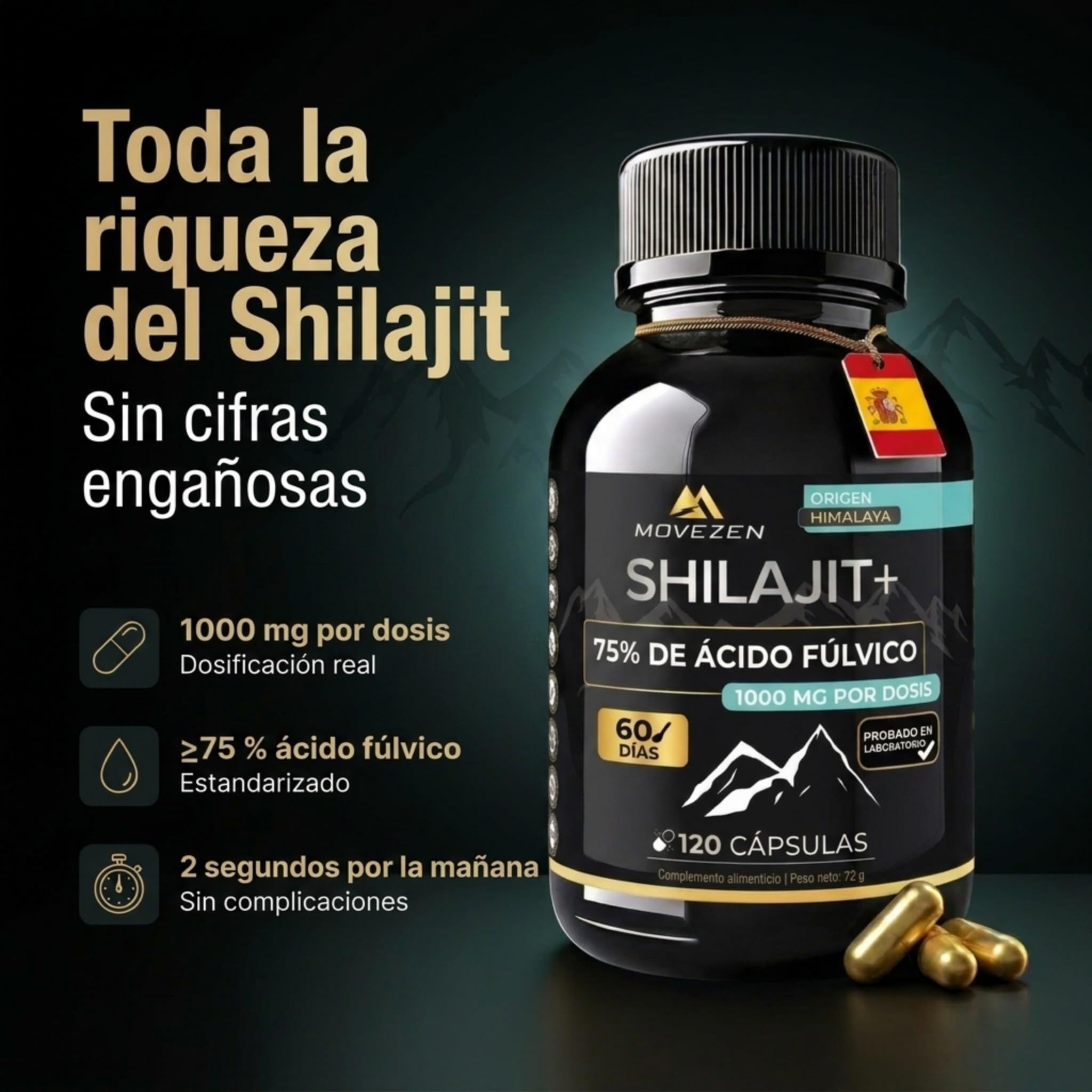 Shilajit+ Cápsulas Movezen, Himalaya, 120 Cápsulas Veganas, Sin Sabor, 1000 mg por Dosis, ≥75% Ácido Fúlvico, 85 Minerales, Hasta 120 Días, Analizado por Eurofins, Calidad Europea (Mumijo)
