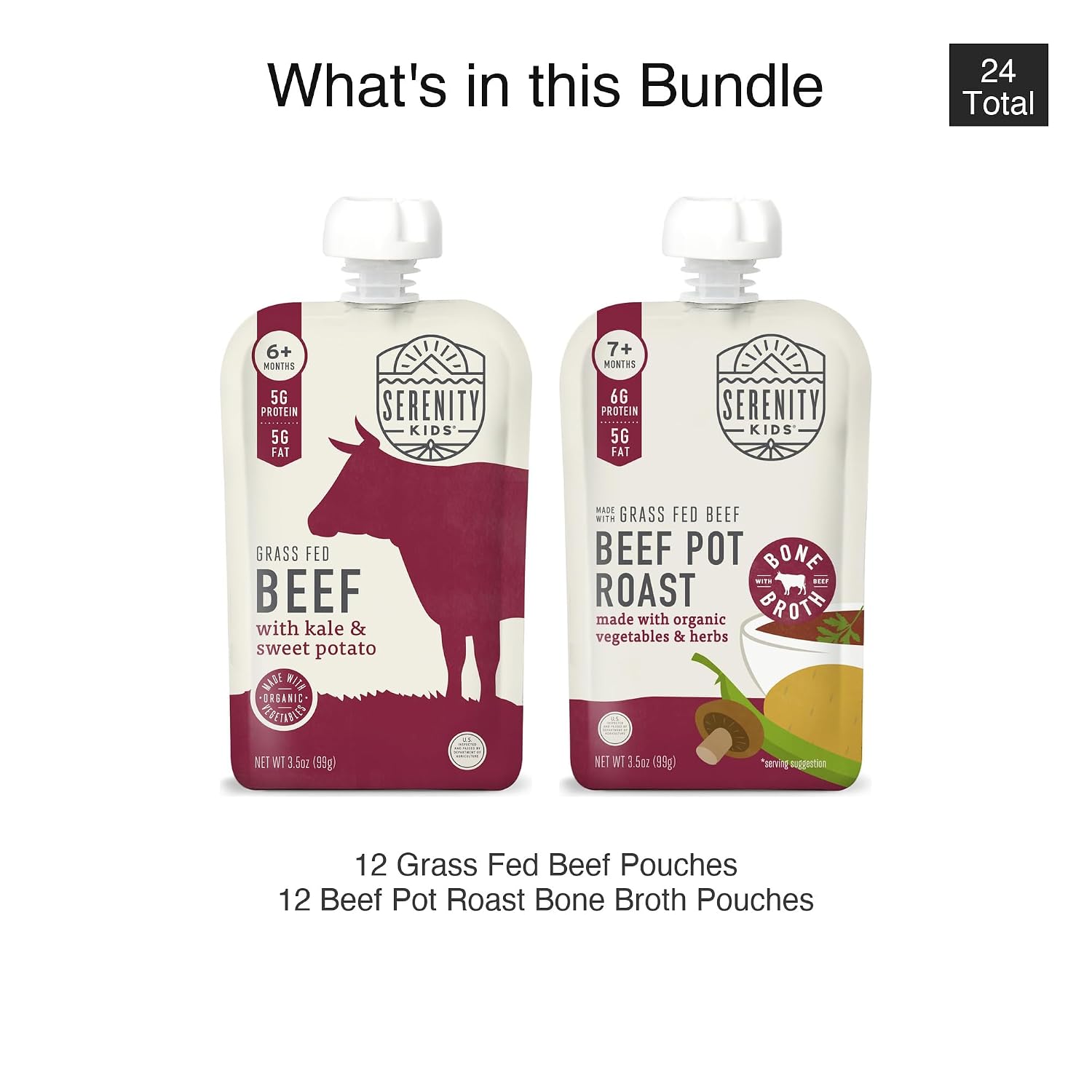 Serenity Kids Grass Fed Beef Baby Food Pouches Variety Bundle - Sweet Potato Puree & Pot Roast Bone Broth - 5g Protein Toddler Snacks - 3.5 Oz, Pack of 24, 6+ Months