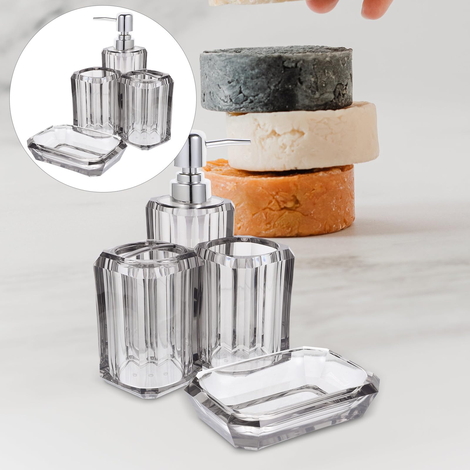 Jabonera Soporte para Cepillo de Dientes para Mantener el Baño Ordenado Juego de Accesorios para Baño Acrílico Elegante de 4 Piezas Dispensador de Jabón