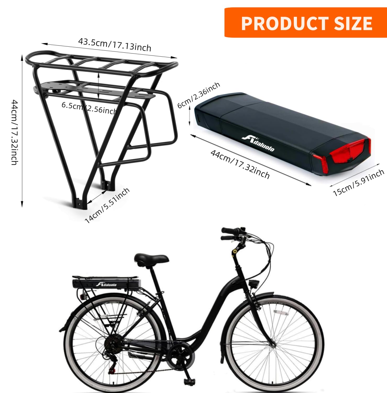 36V 15AH Batteria Bicicletta Elettrica con Portapacchi Posteriore Batteria Ebike agli ioni di litio con Caricabatterie, Fanale Posteriore per Bicicletta 24" 26" 28”