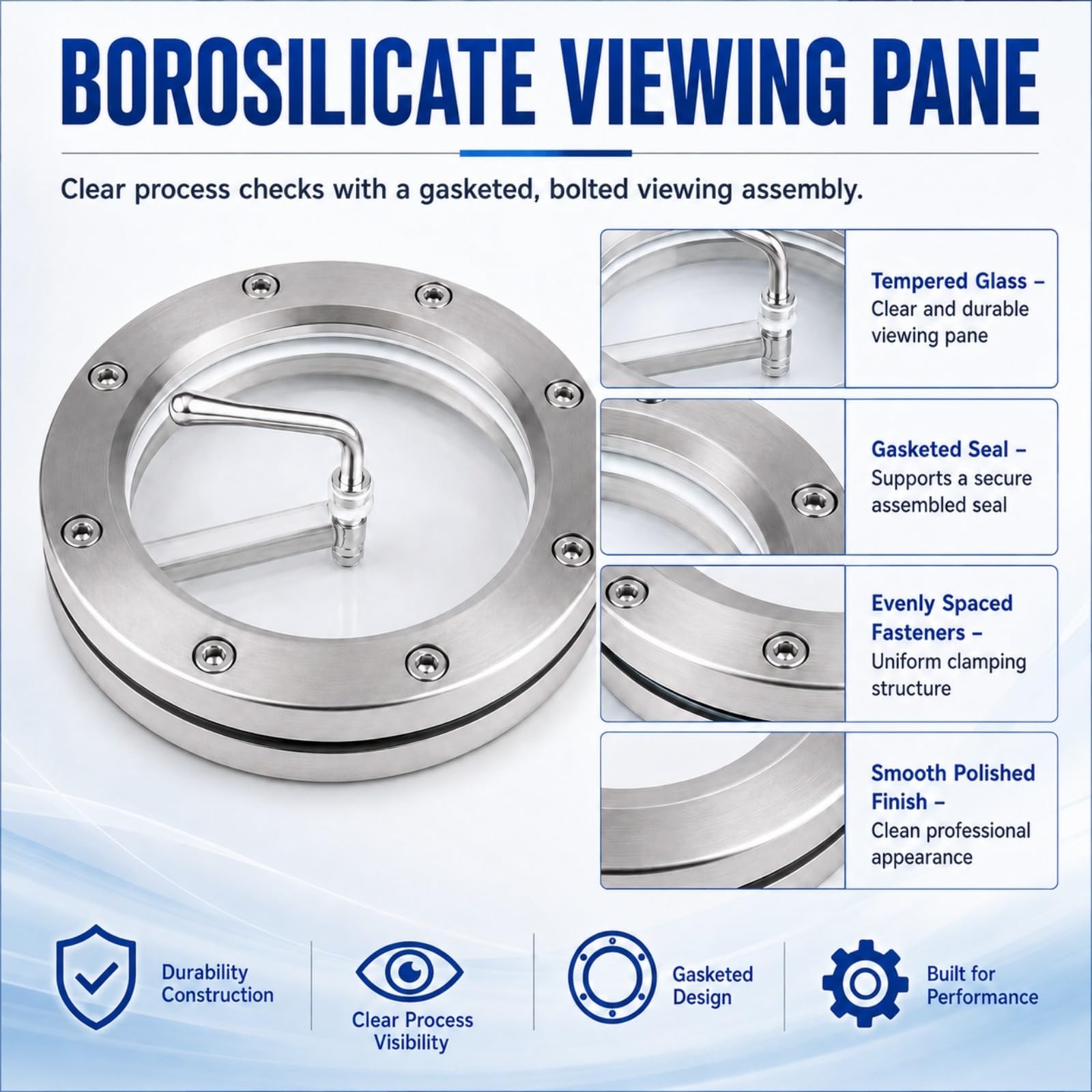 Sanitärtank-Schauglas mit Wischer, Edelstahl 304 316L | Gehärtete Borosilikatscheibe, polierter Schraubflansch und Handabstreifer for Tanks, Mischer Prozessbehälter(SS316L DN50)