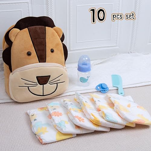 Miniatura 5 de Juego de 10 bolsas de pañales para muñeca Reborn de 17 a 22 pulgadas, ropa babydoll de león, accesorios de alimentación, set de accesorios de