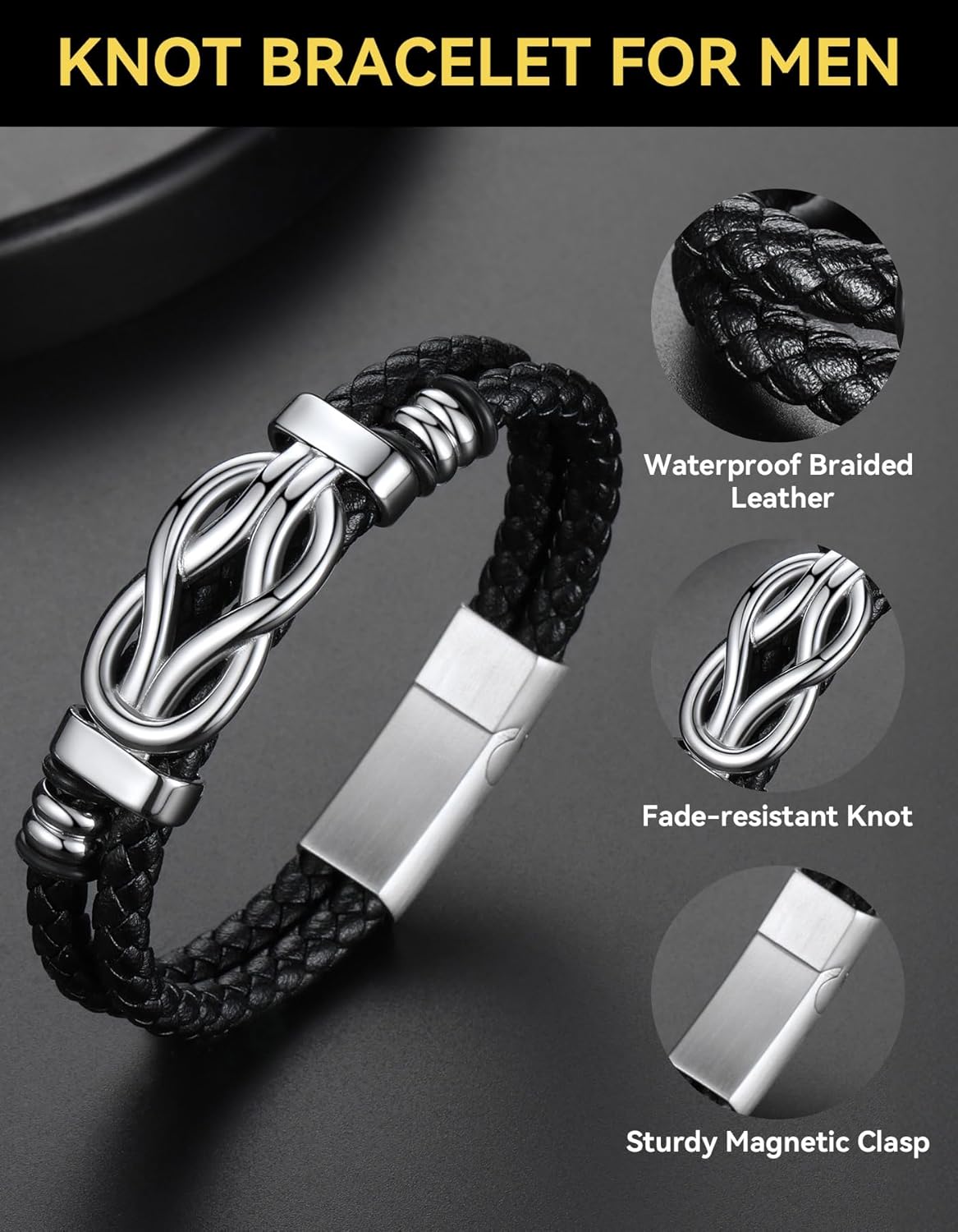 ChainsHouse Square Love Knot Bracelets for Men Braided Leather Stainless Steel Infinity Bracelets with Love Message Card Aniversary Birthday Gift for Men/Love/Husband/Dad - Image 3