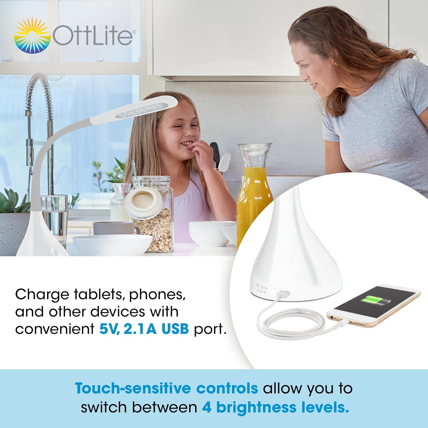 OttLite Creative Curve LED Desk Lamp with touch-sensitive controls and USB charging port