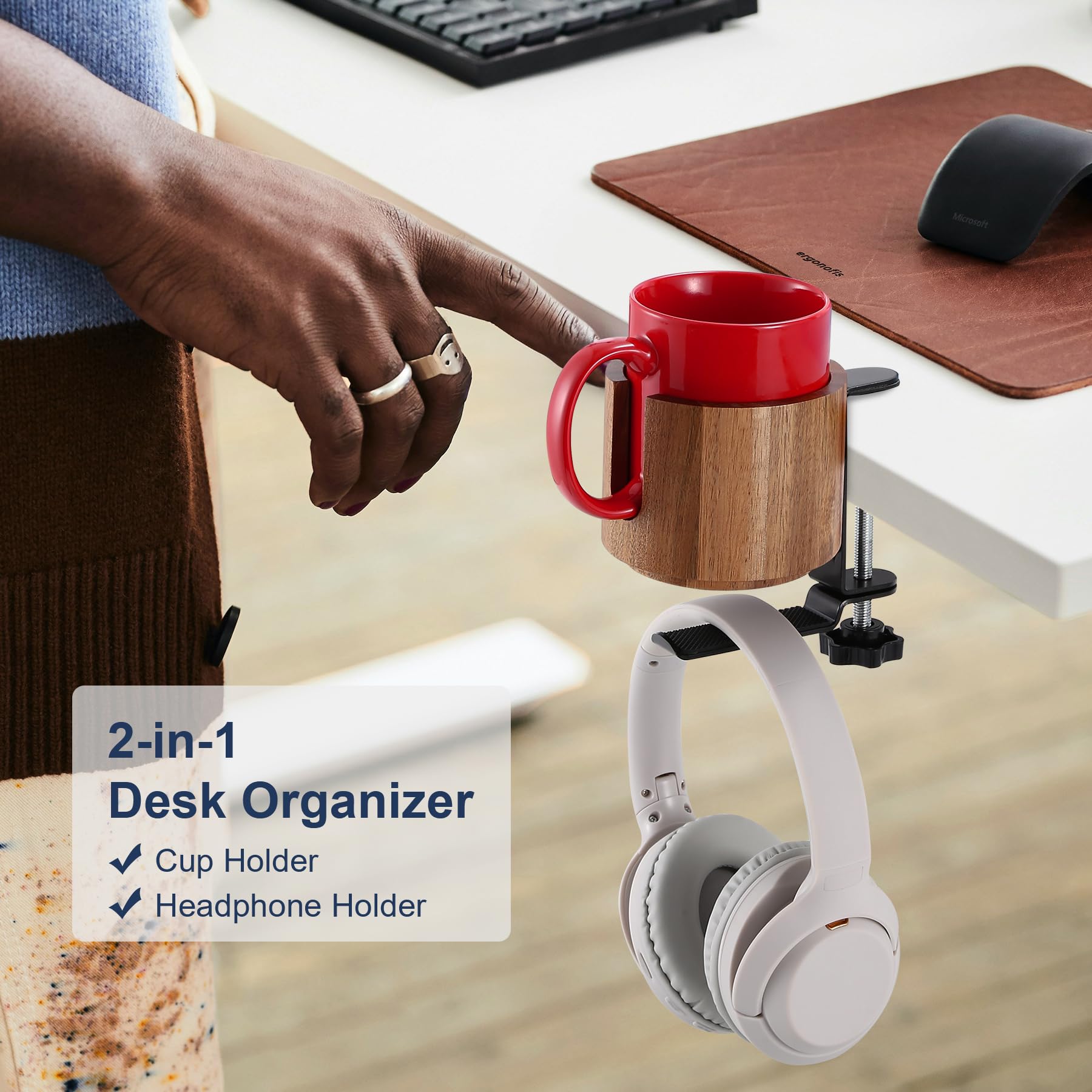 Nnewvante Desk Cup Holder, 2 in 1 360° Rotating Headphone Hanger Under Desk, 360° Anti-Spill Cup Holder, Table Cup Holder for Water Bottles, Gaming Desk Accessories - Acacia Wood