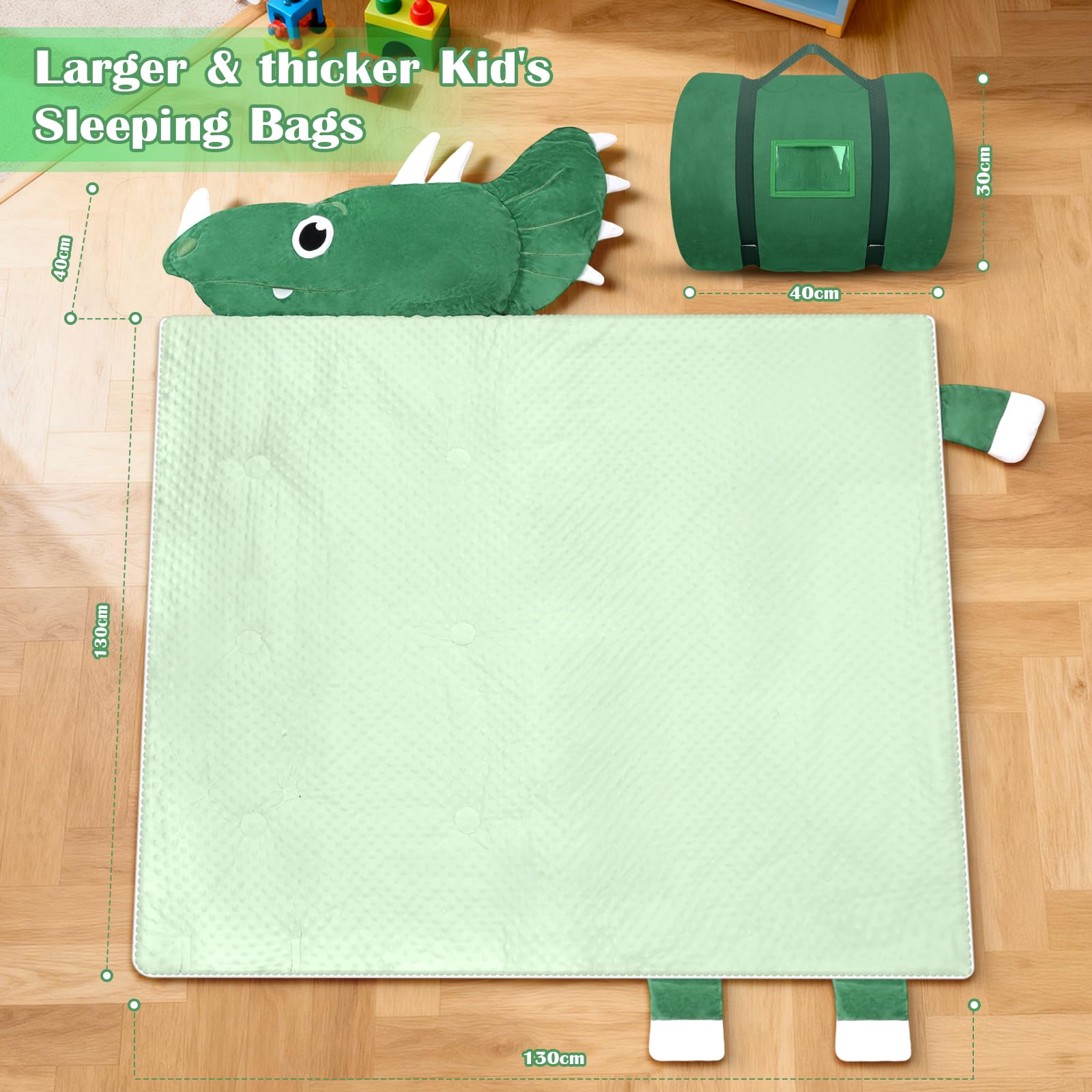 Kids Sleeping Bag with Pillow,Nap Mat for Toddler Boys Girls,Warm Plush Dinosaur Toddler Slumber Bag 170x70cm,Roll Up Large Kids Sleeping Mat with Double Zip for Bedroom Daycare Kindergarten,Green - Image 2