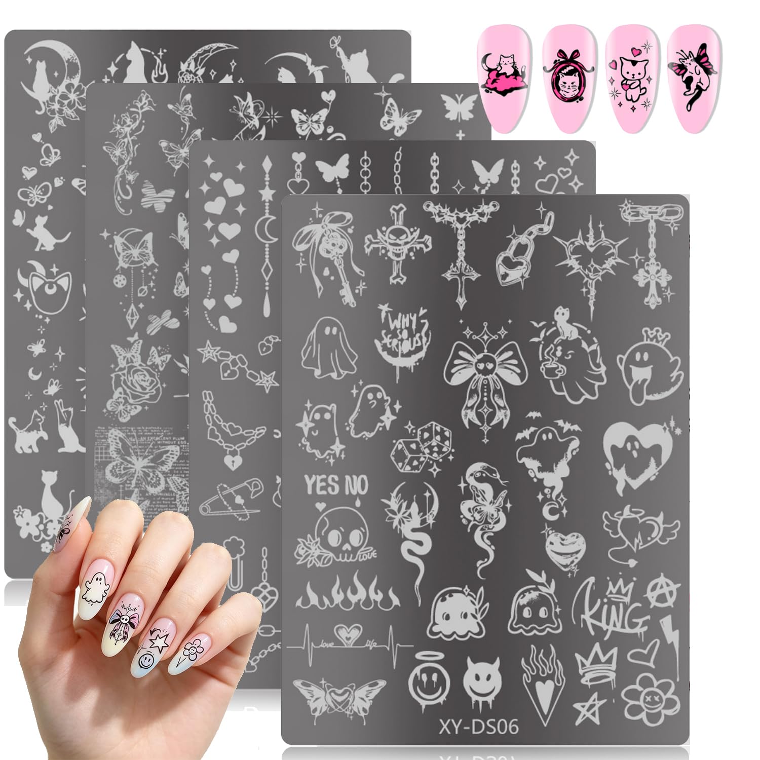4Pcs Gothic Cute Nail Stamping Plate Set - Dark Kawaii Nail Art Templates, Stainless Steel Spooky Sweet Nail Stamp Plates with Skull & Lace Patterns for DIY Manicure Printing Tools-image-39