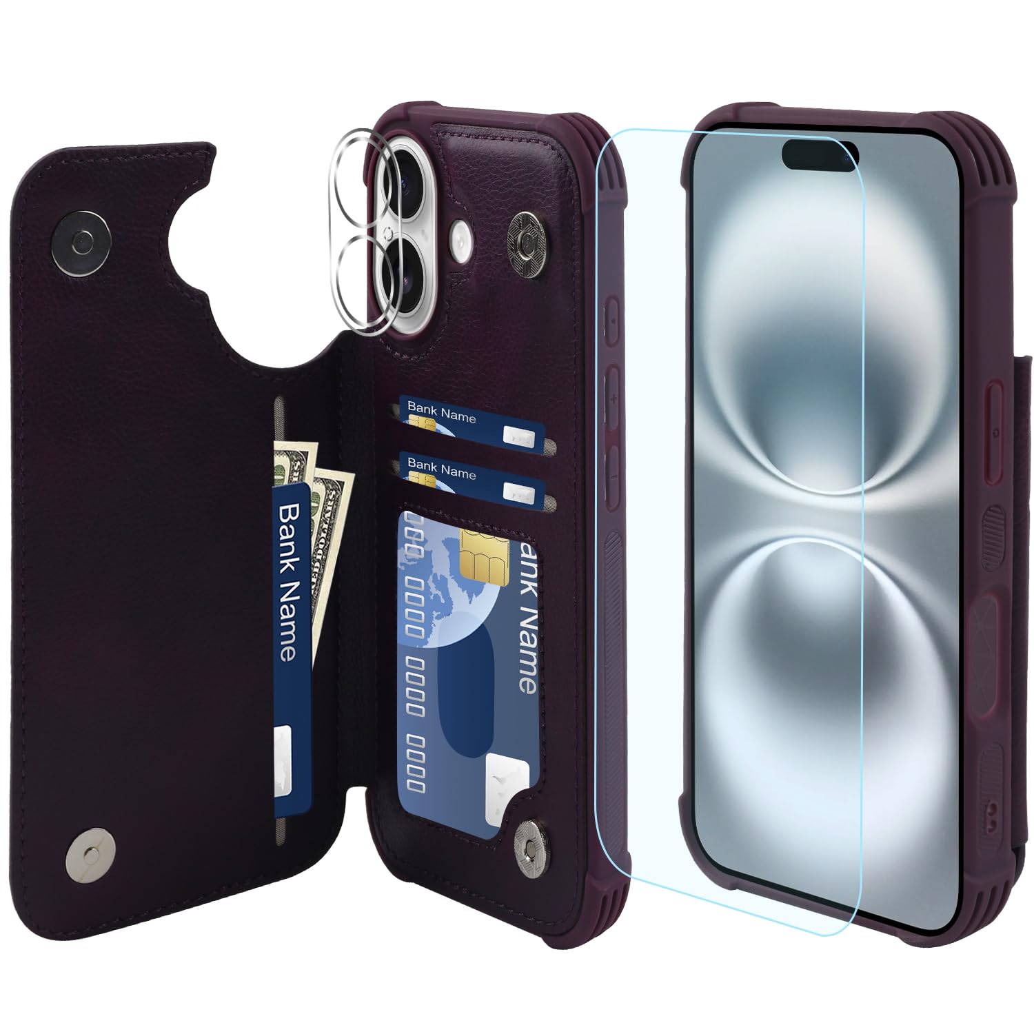 VANAVAGY Compatible for iPhone 16 Plus Wallet Case with Credit Card Holder,Rfid Leather Flip Folio Phone Cover Fits Magnetic Car Mount and Stand with Screen Camera Protector,Purple