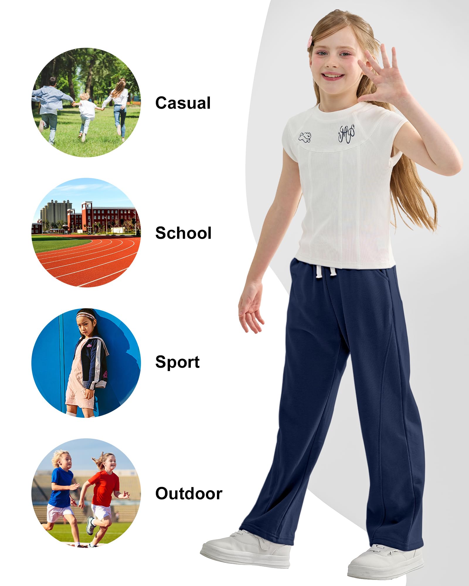 Rolanko Pantalones Deportivos para Niñas con Cintura Elástica Ajuste Holgado, Comodidad Casual para Niños, Marino Blanco, 8-9 Años