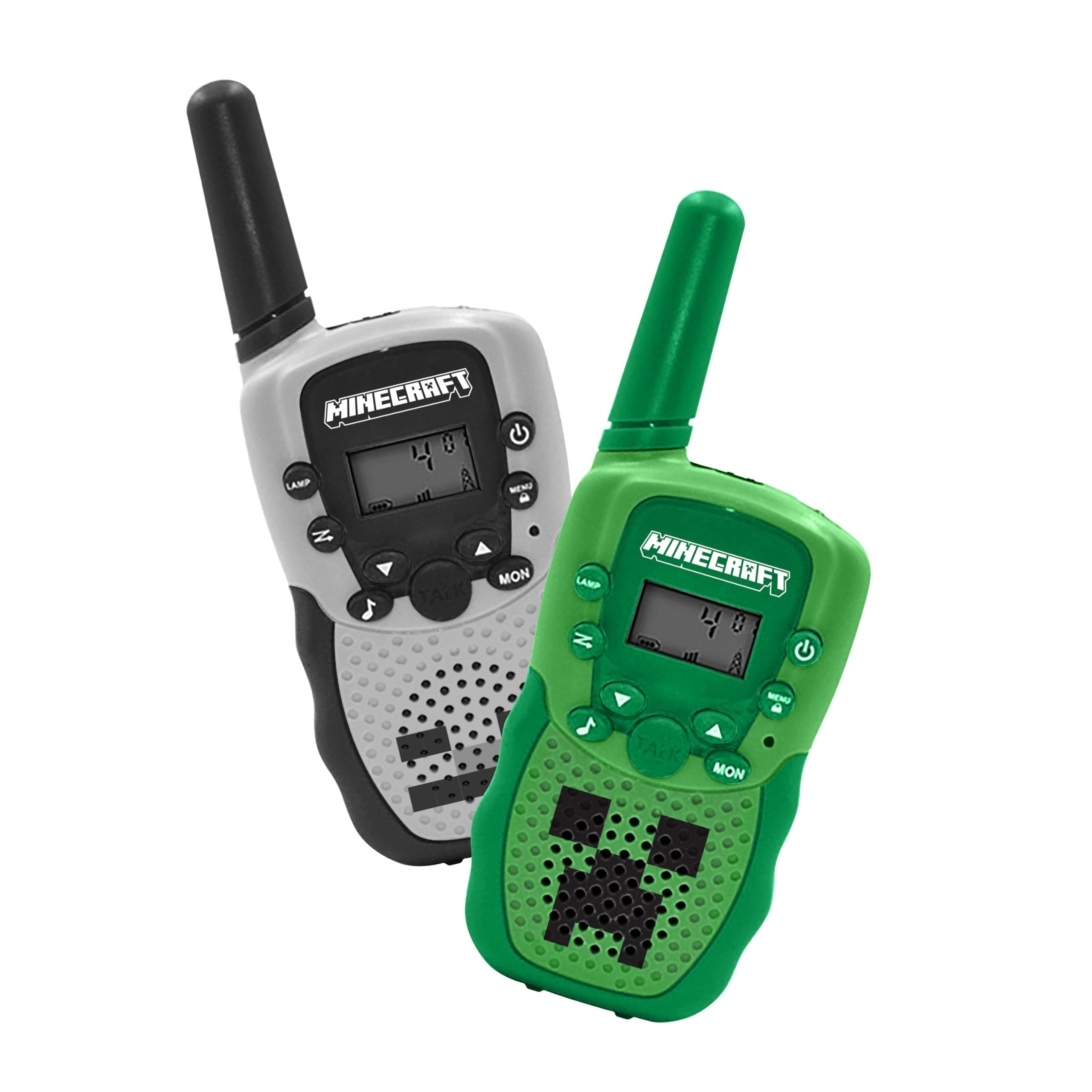Minecraft Walkie Talkie Set, Digital Monitor with 1 km Range, Built-in Flashlight, Rechargeable Battery, Green and Grey, 2-Pack