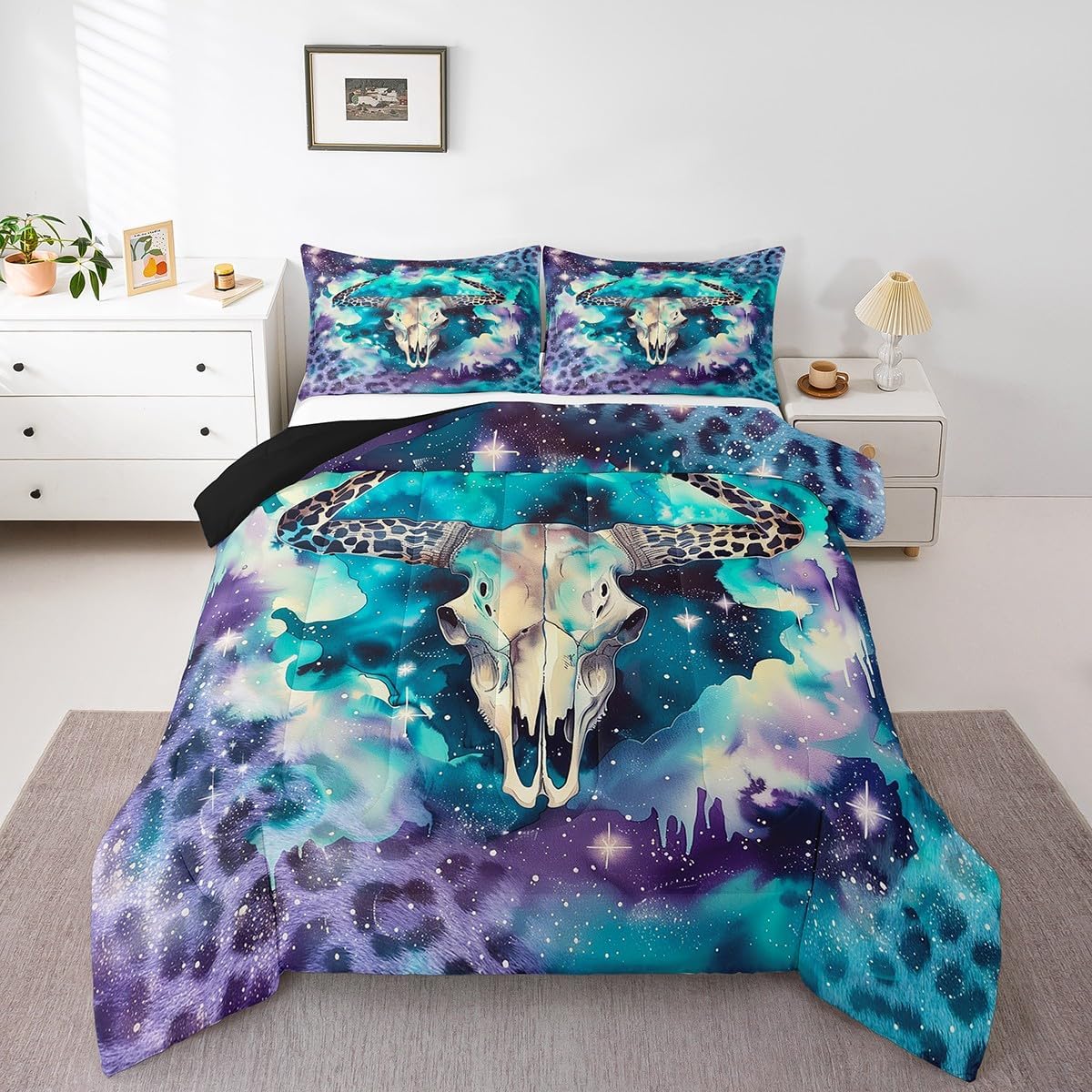 Leopard Print Cow Skull Comforter Set Cartoon Cute Desert Cactus Plants Bedding Set for Kids Teens Adults Western Cowboy Boho Tribal Style Comforter Duvet Set with 1 Pillowcase Twin Size 2 Pcs