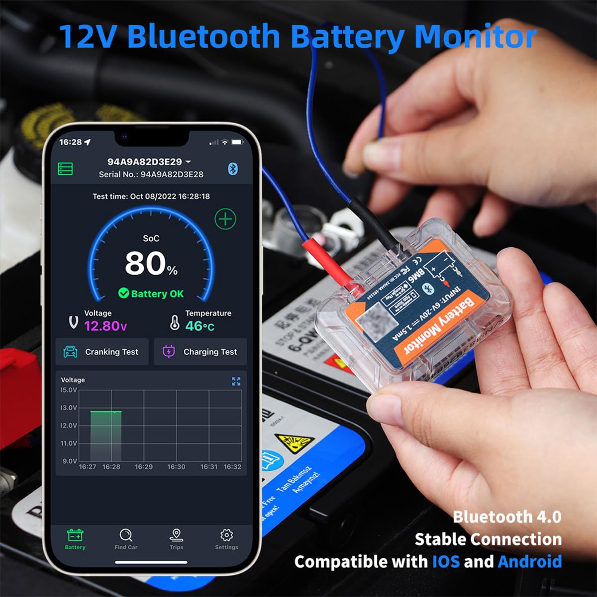 DollaTek Bluetooth 4.0 12V Wireless Battery Monitor Tester Car RV Motorcycle Boat
