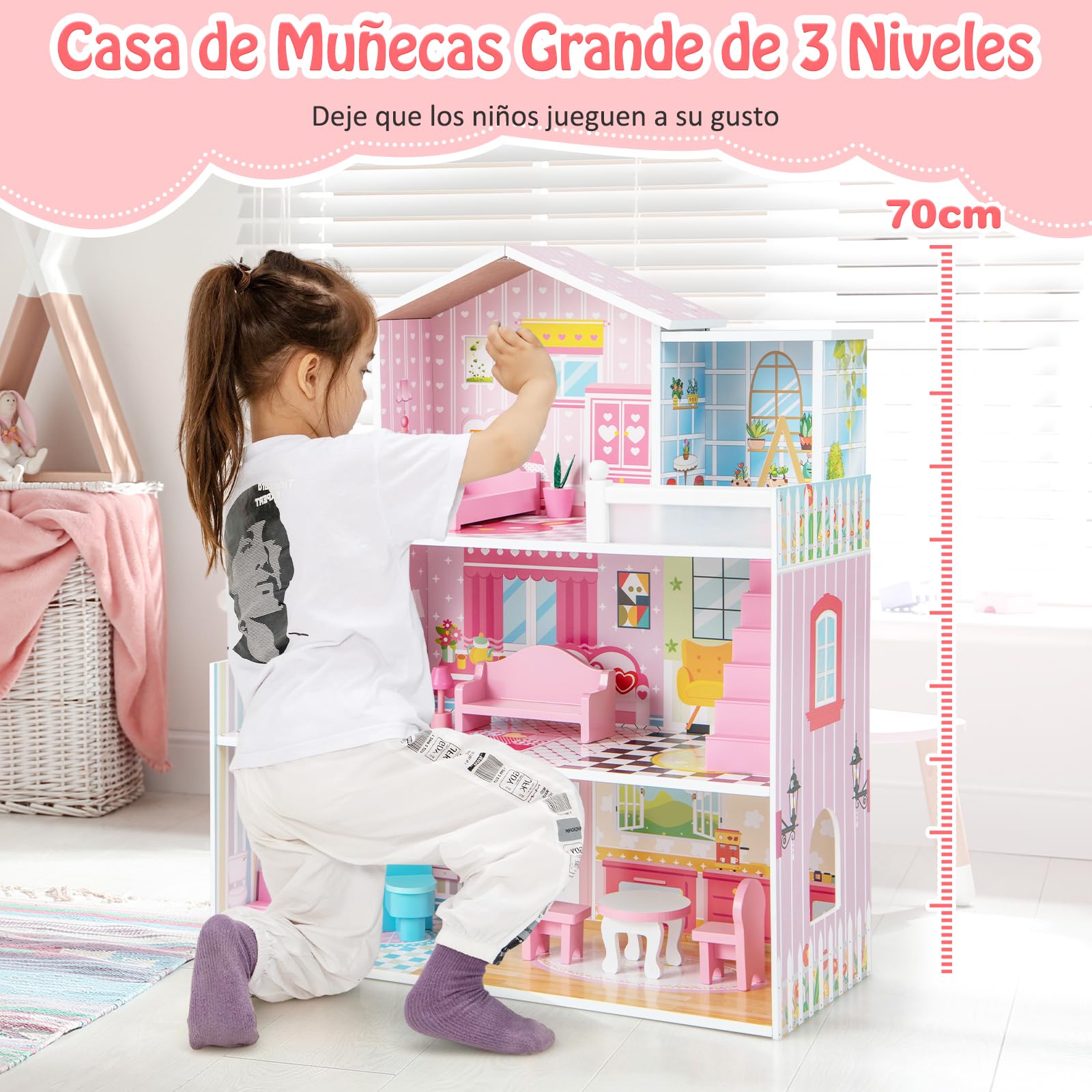 GOPLUS Casa de Muñecas de Madera, Casa de Ensueño de 3 Plantas con 5 Habitaciones Simuladas, 10 Piezas de Mobiliario, Juguete Educativo de Juegos de rol, Niñas de 3-7 Años
