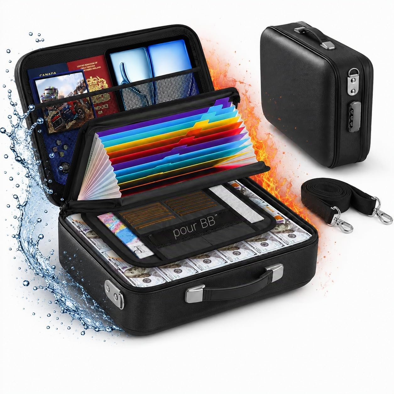 PAWBOSE Boîte à Documents Ignifuge avec Serrure à Combinaison, étui Rigide Ignifuge et imperméable pour Documents Importants, certificats, Ordinateur Portable, passeports (Noir, 41 x 30 x 13 cm)