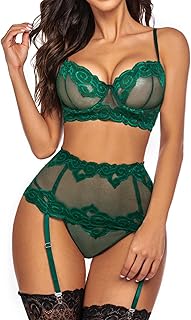 ADOME Lingerie Set for Women Sexy Lace Lingerie Underwire Push Up Bra Garter Set Lingerie Bra and Panty Set (No Stockings)