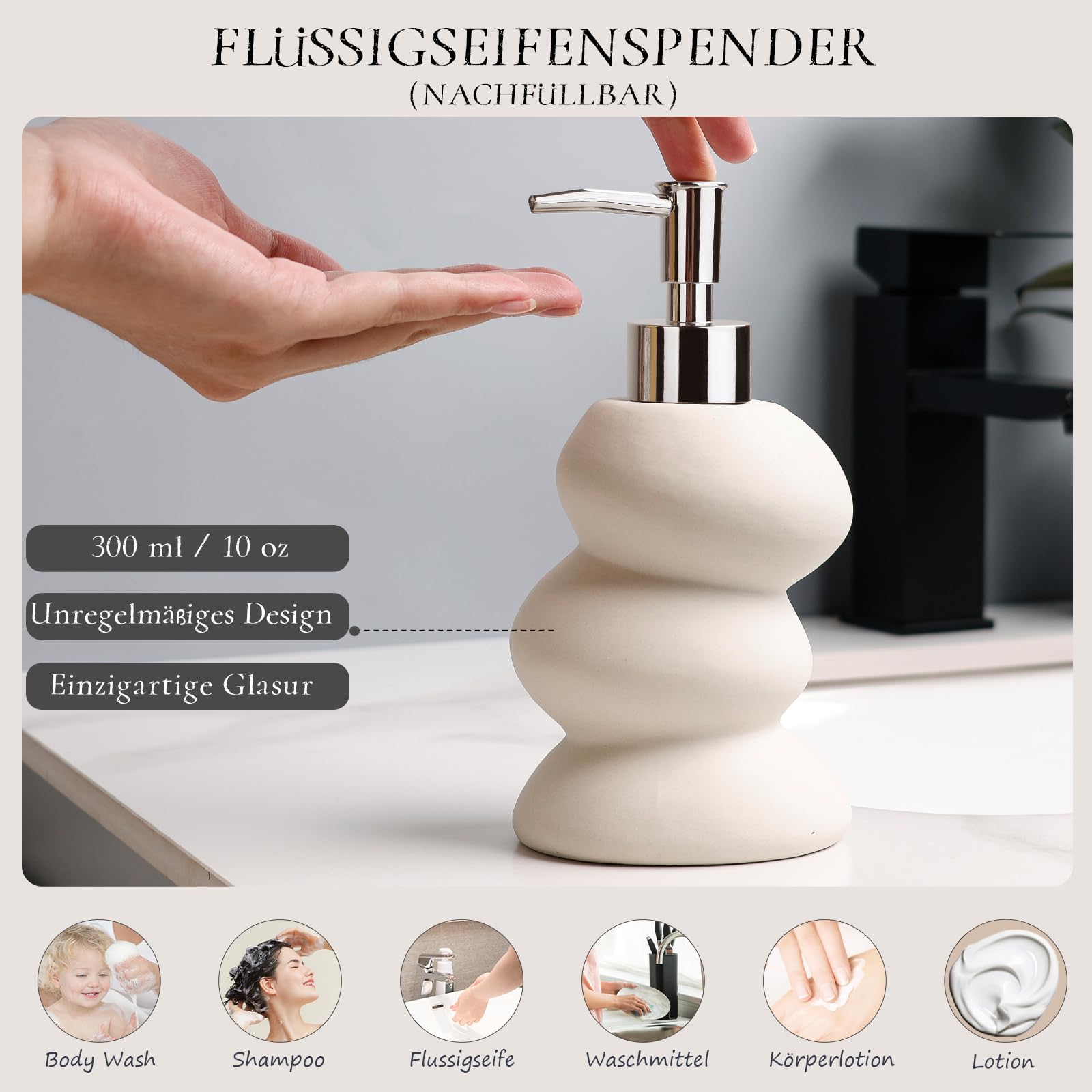 ANTIS'S HOME Keramik Badezimmer Set 5-teilig – Beige, Unregelmäßige Form, Minimalistisches Bad-Accessoires Set mit Seifenspender, Zahnputzbecher, Seifenschale & Wattestäbchenbehälter für modernes Bad