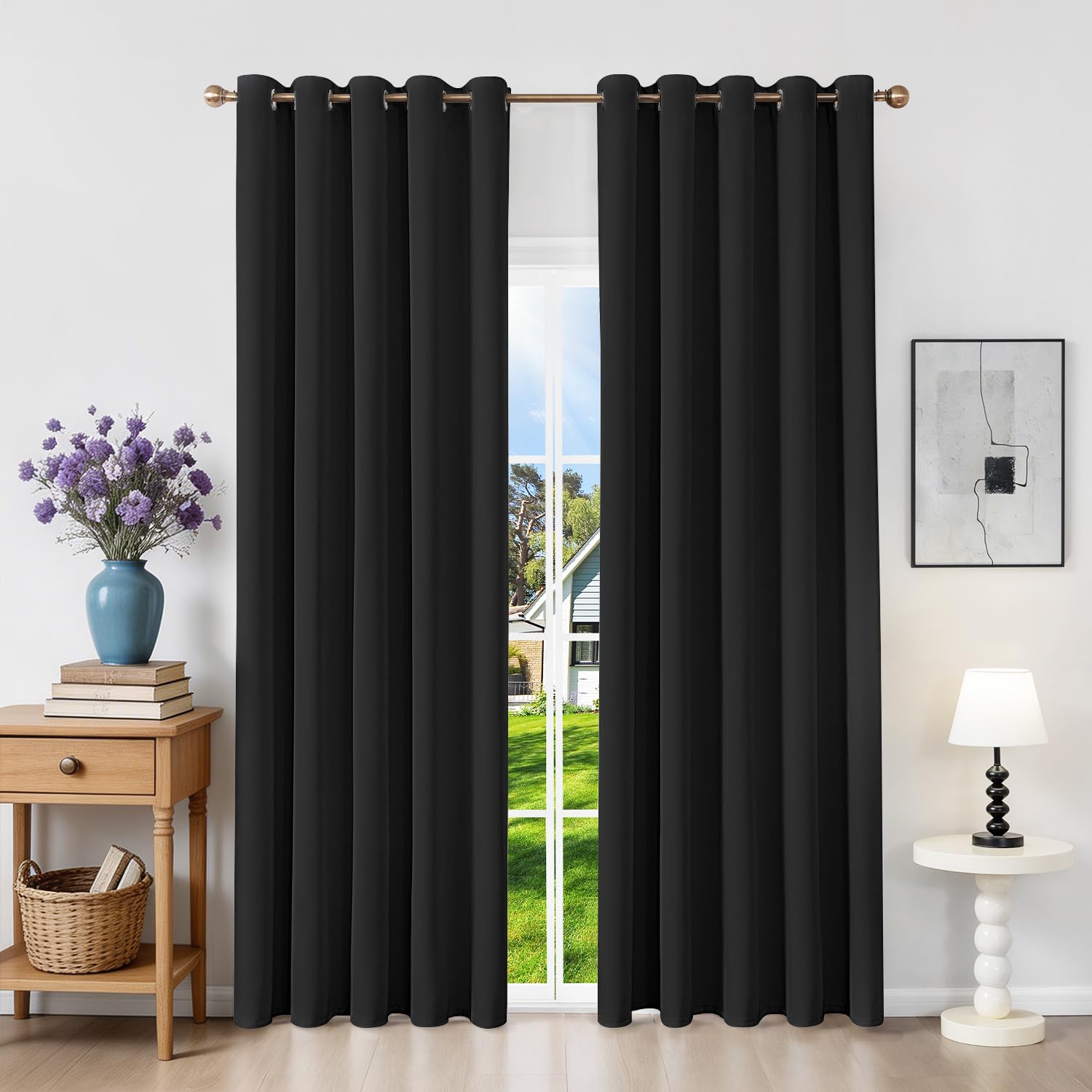 Runyéla Blackout Curtains for Bedroom Eyelet 66 x 54 Inch Drop Thermal Black Out Curtain for Living Room, 2 Panels, Black