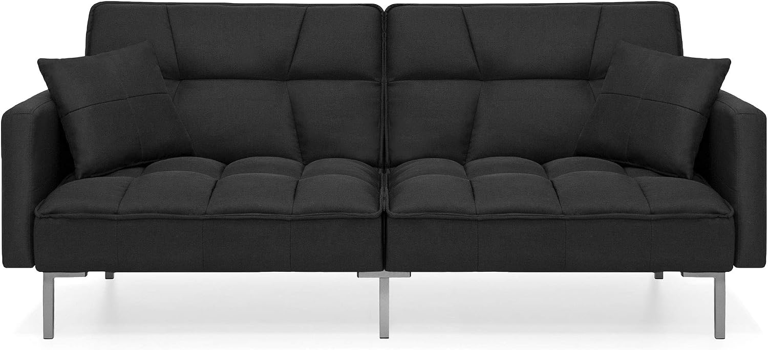 Best Choice Products Living Room Convertible Linen Fabric Tufted Splitback Sleeper Plush Futon Couch Furniture w/ Pillows - Black