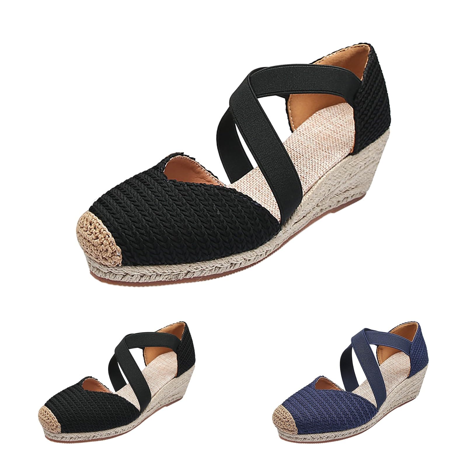 Genérico Sandalias Negras Comodas Zapatos Ortopedicos Mujer Sandalias de Esparto para Mujer,con Puntera Cerrada Y,Estilo Casual Sandalia Tacon Zapatillas Ortopedicas Verano