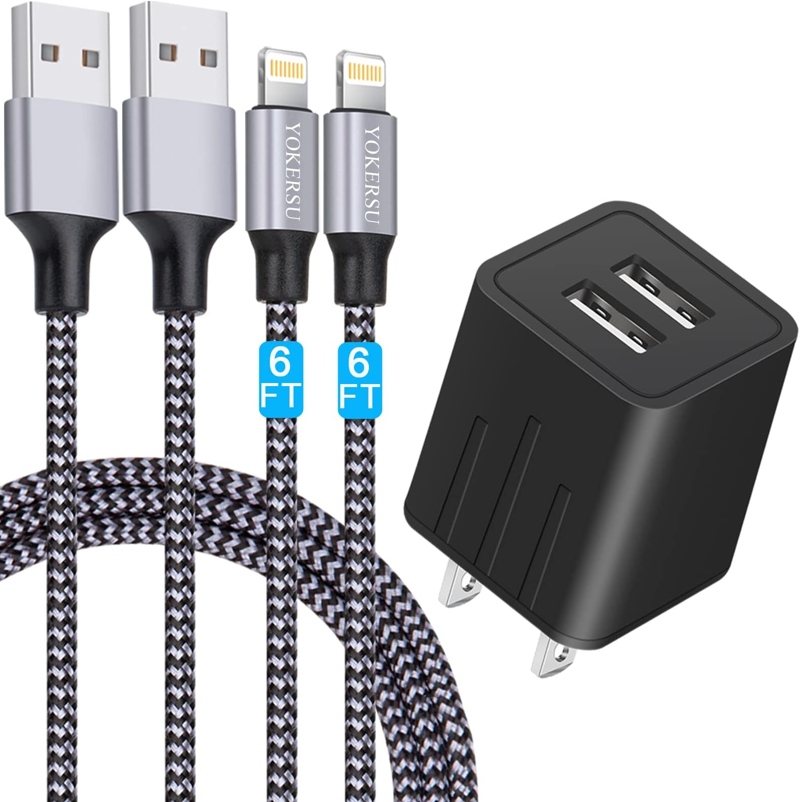 Phone Charger, Nylon Braided Cable Fast Charging 2Pack 6ft Data Sync Transfer Cord 2 Port Plug Wall Charger(ETL Listed) Compatible with Phone 13 12 11 Pro Max XS XR X 8 7 Plus Pad