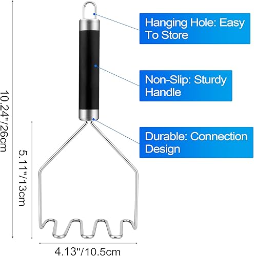 Miniatura 3 de Paquete de 2 machacadores de patatas de acero inoxidable de alta resistencia, onduladas y redondas, mango antideslizante y no es fácil de doblar,